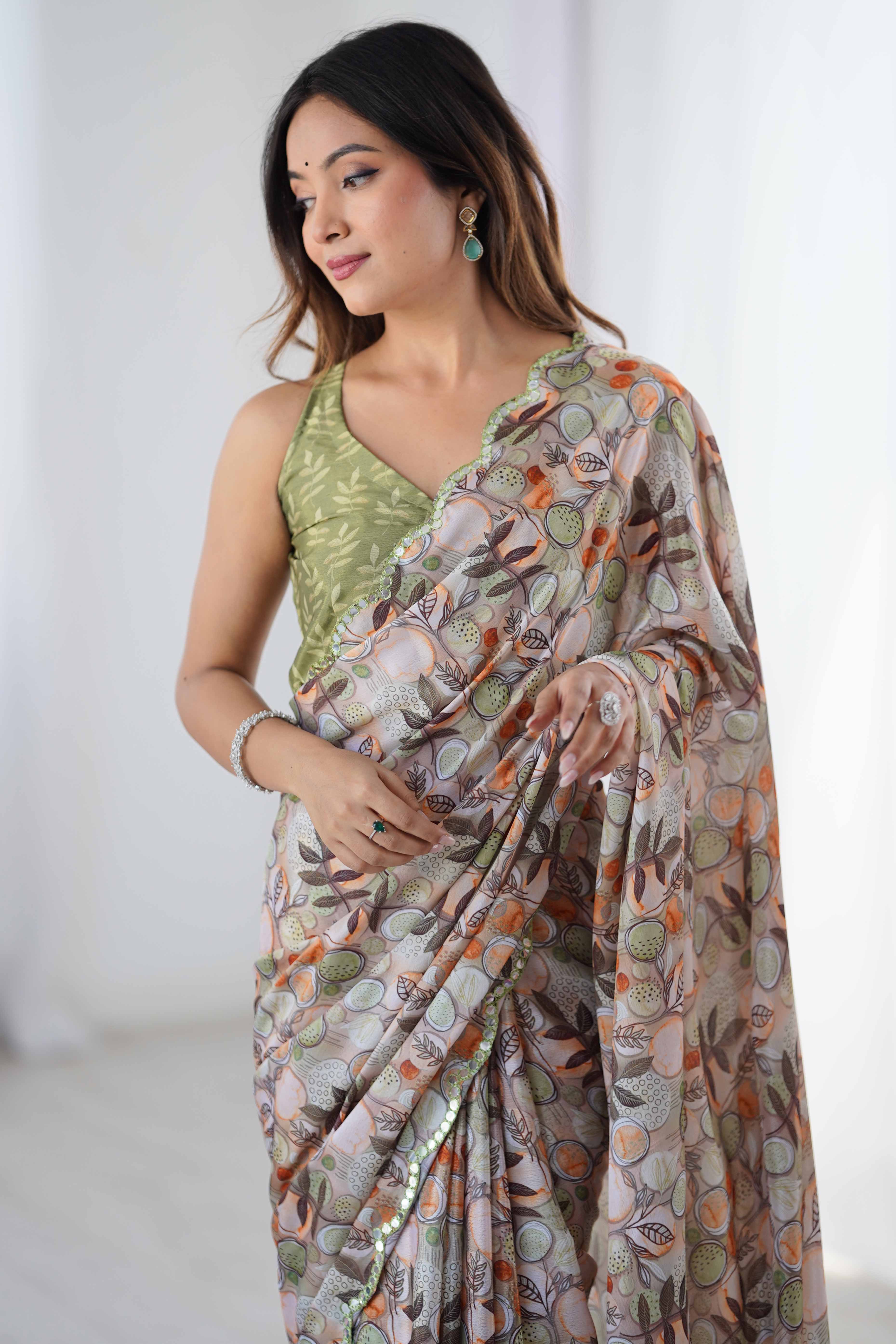 Light Grey Chinon Saree with Glimmering Mirror Work and Floral Prints