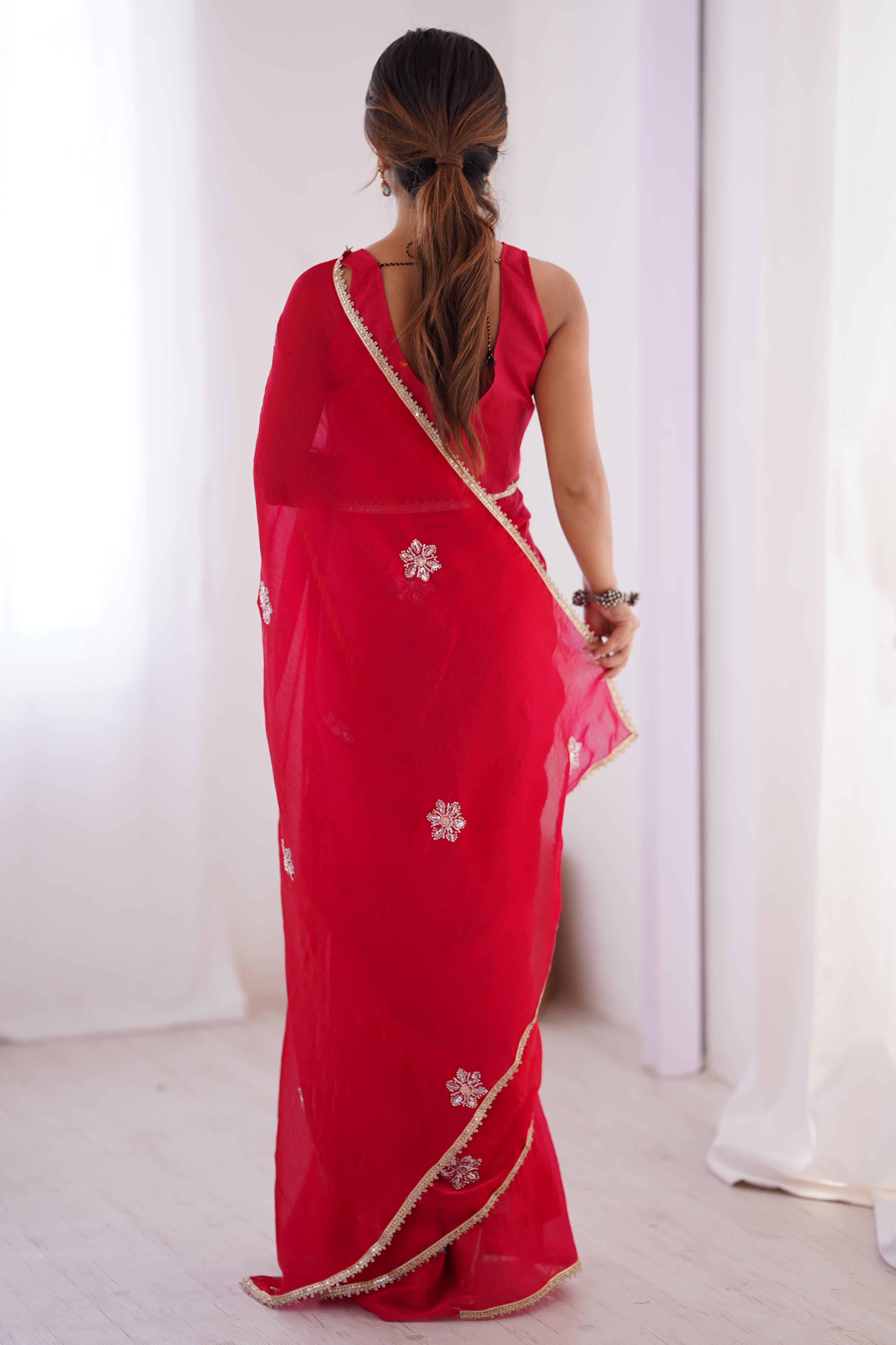 Red Organza Saree Embellished with Intricate Floral Work and Elegant Lace Detailing