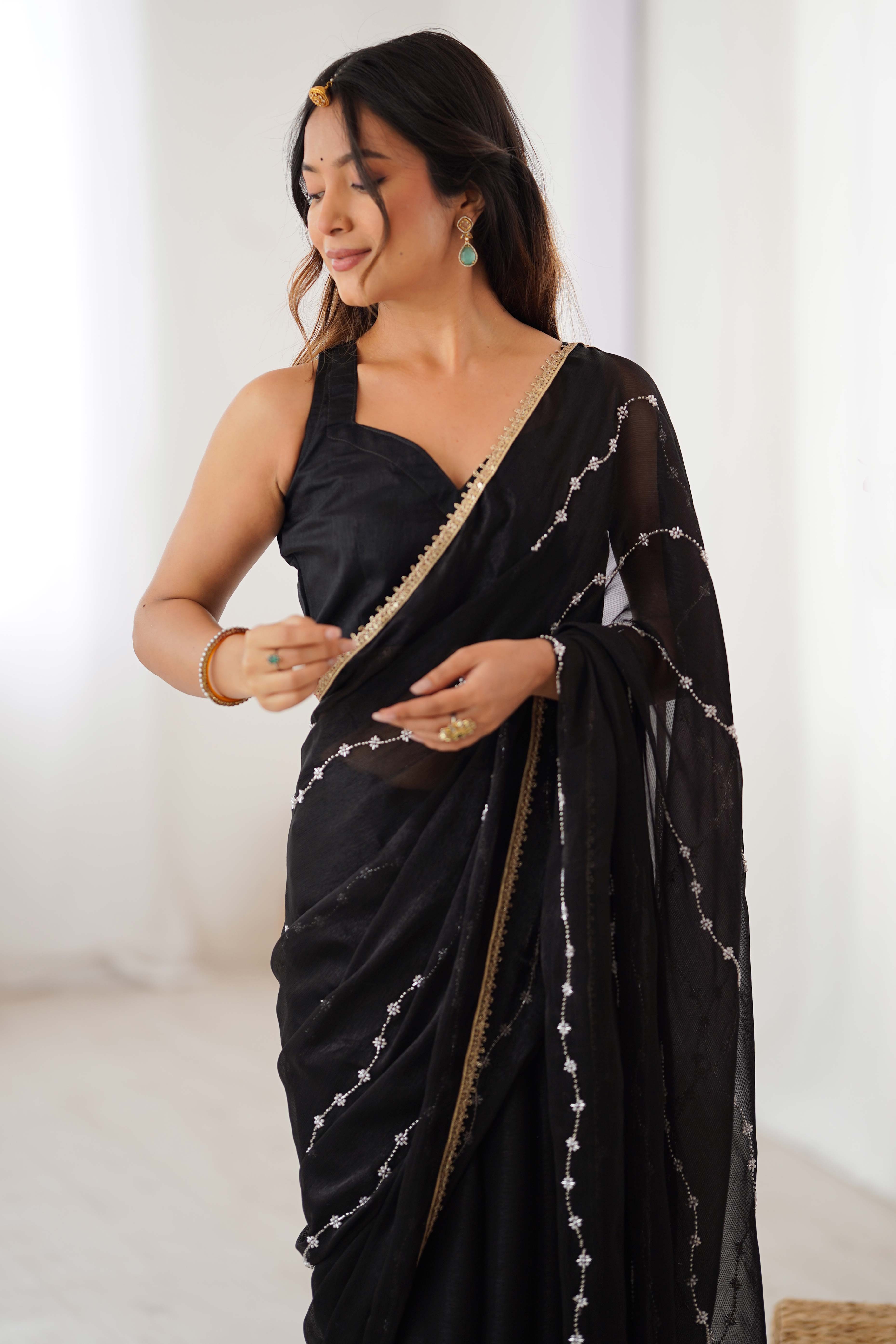 Black Embellished Organza Saree With Delicate Linear Beads & Stones detailing