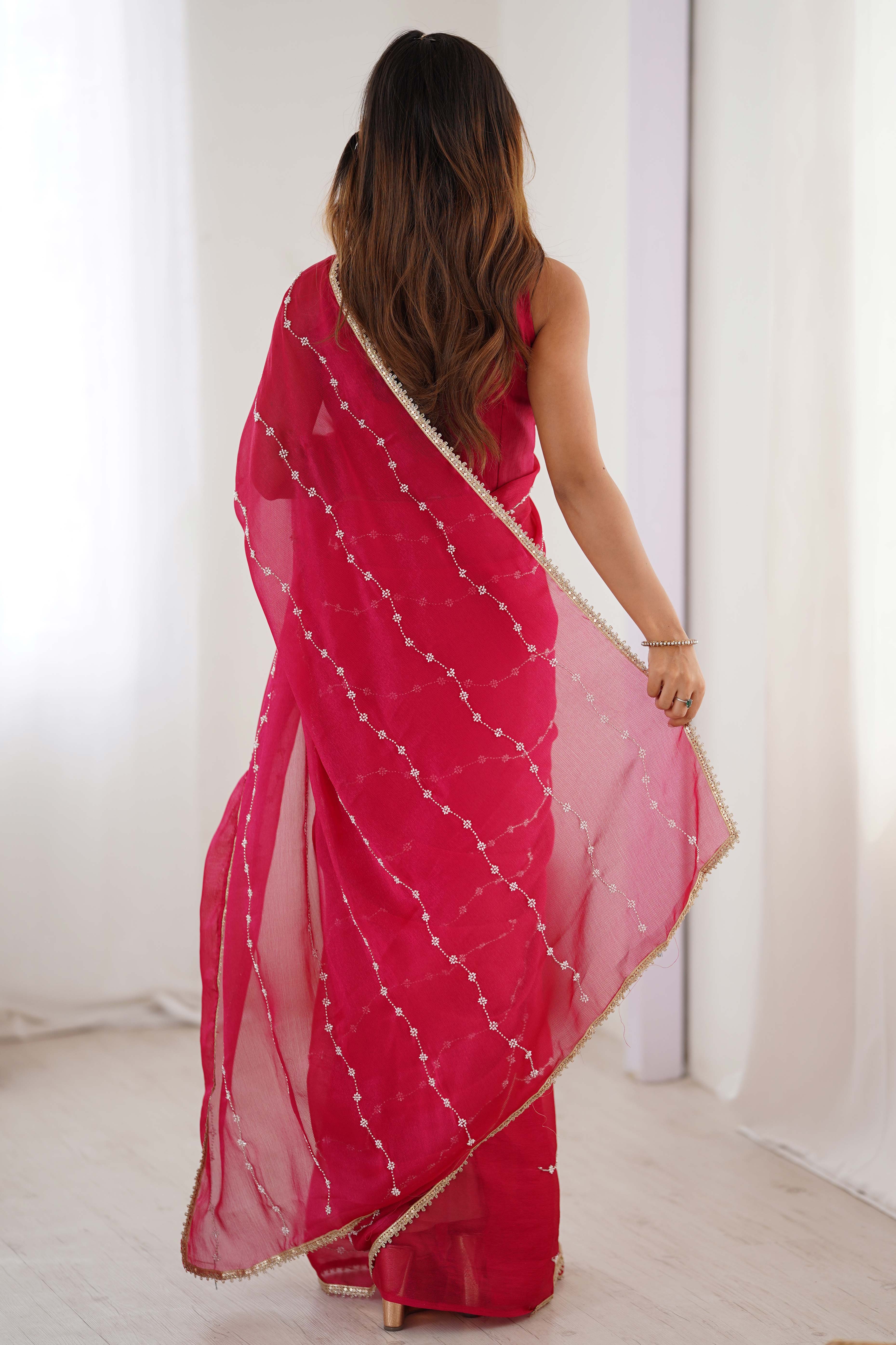 Pink Embellished Organza Saree With Delicate Linear Beads & Stones detailing