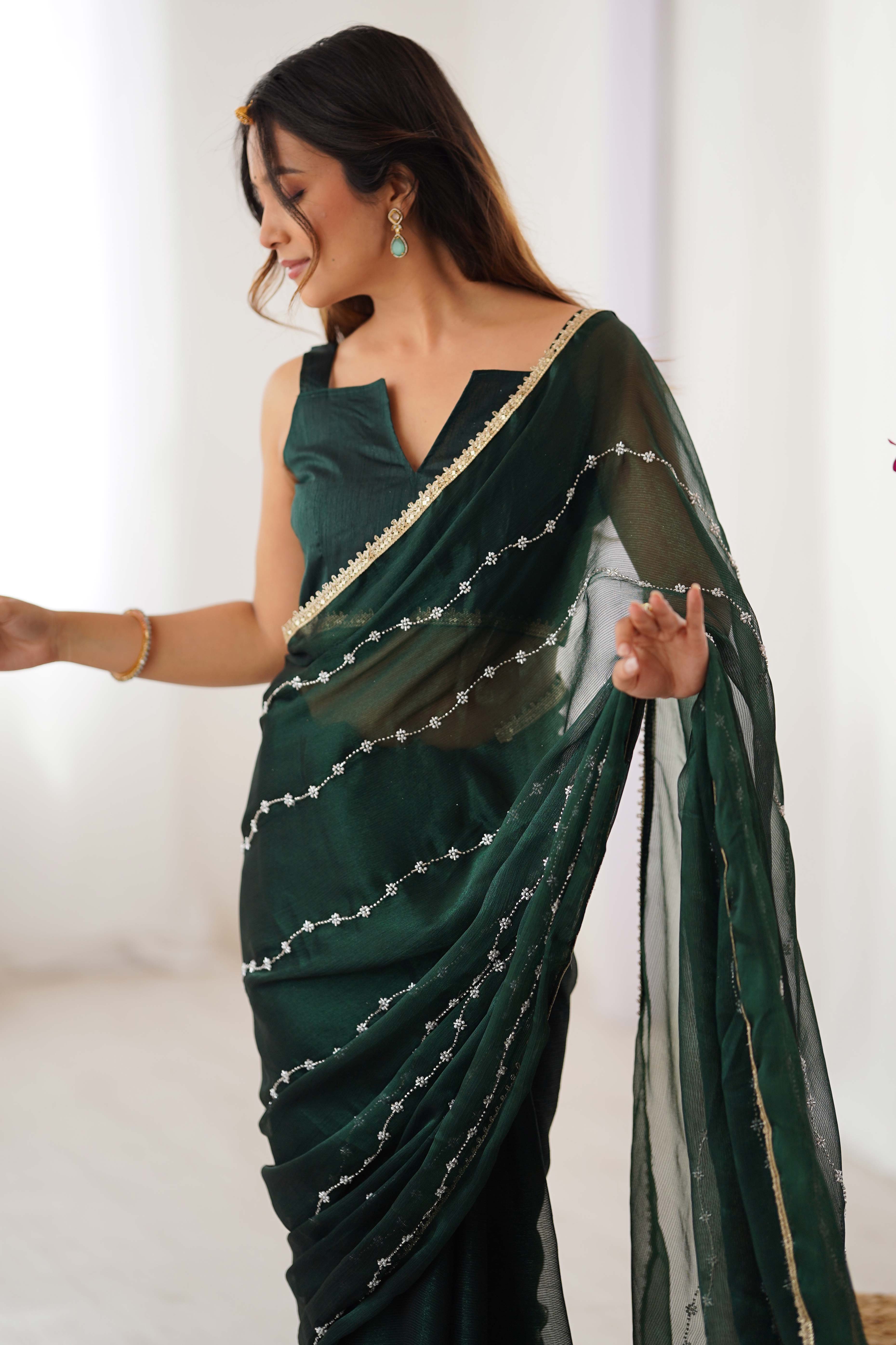 Green Embellished Organza Saree With Delicate Linear Beads & Stones detailing