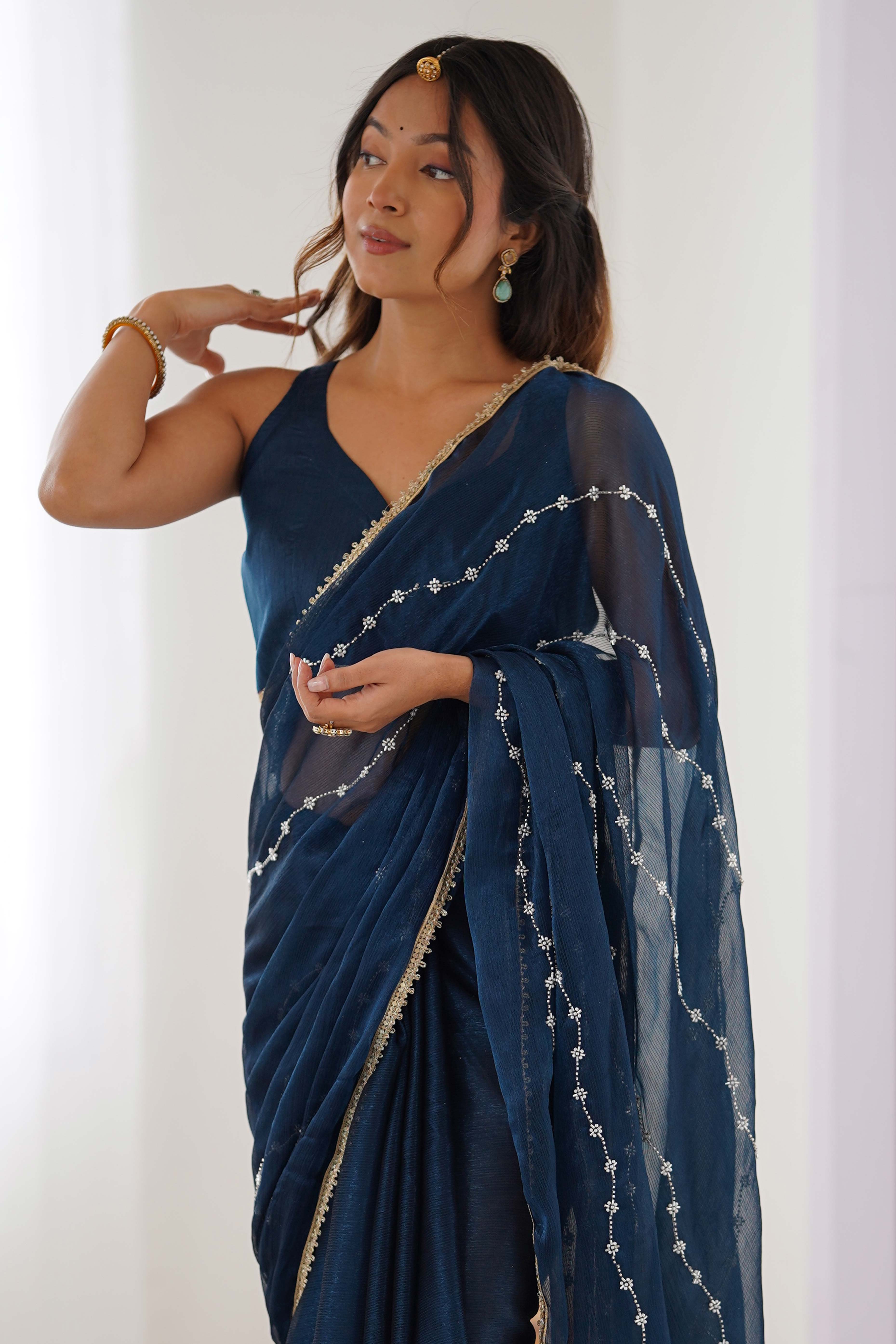 Blue Embellished Organza Saree With Delicate Linear Beads & Stones detailing
