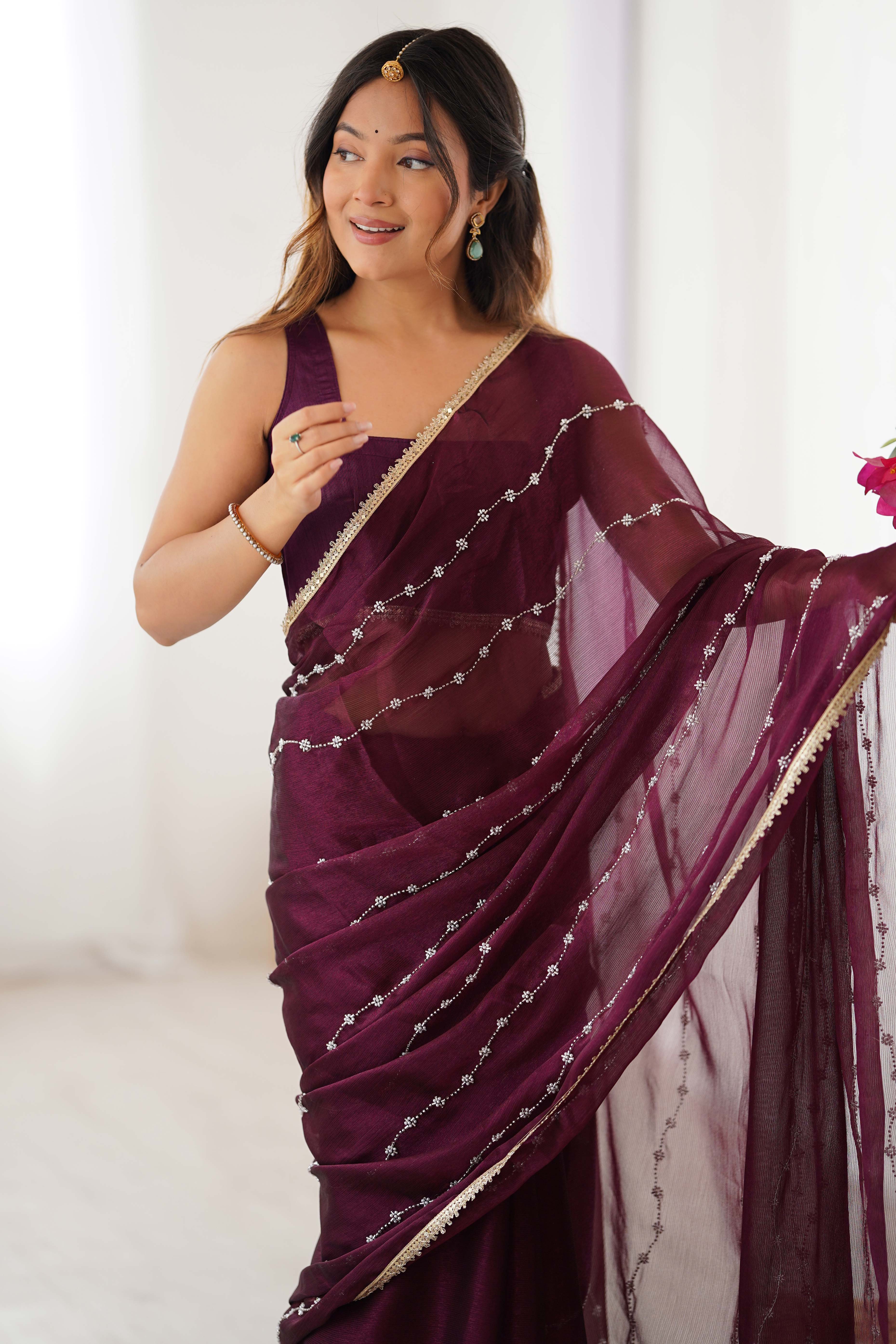 Wine Embellished Organza Saree With Delicate Linear Beads & Stones detailing