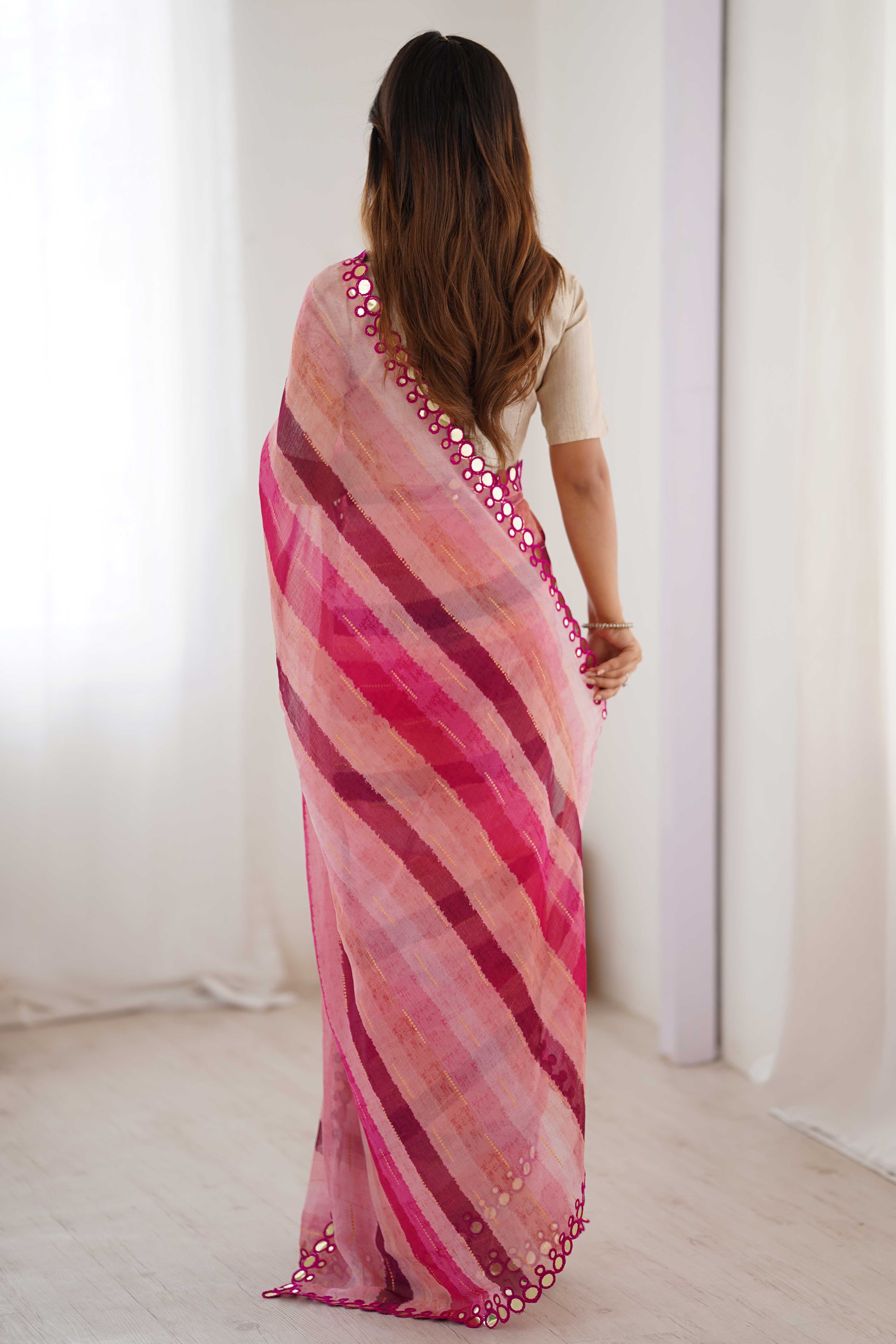 Soft Chiffon Pink Saree Featuring Classic Leheriya and Mirror Work Edges