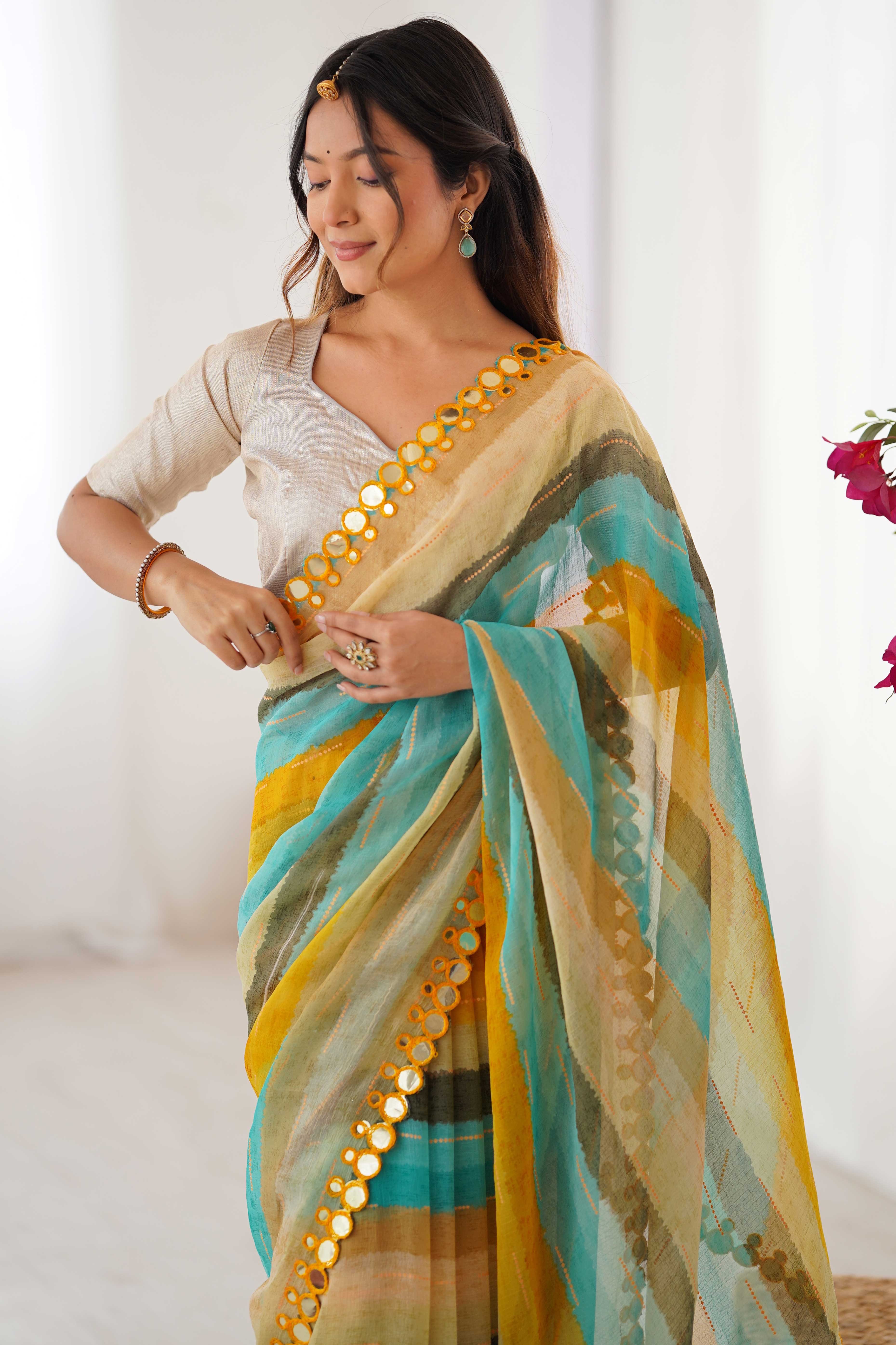 Soft Chiffon Yellow Saree Featuring Classic Leheriya and Mirror Work Edges