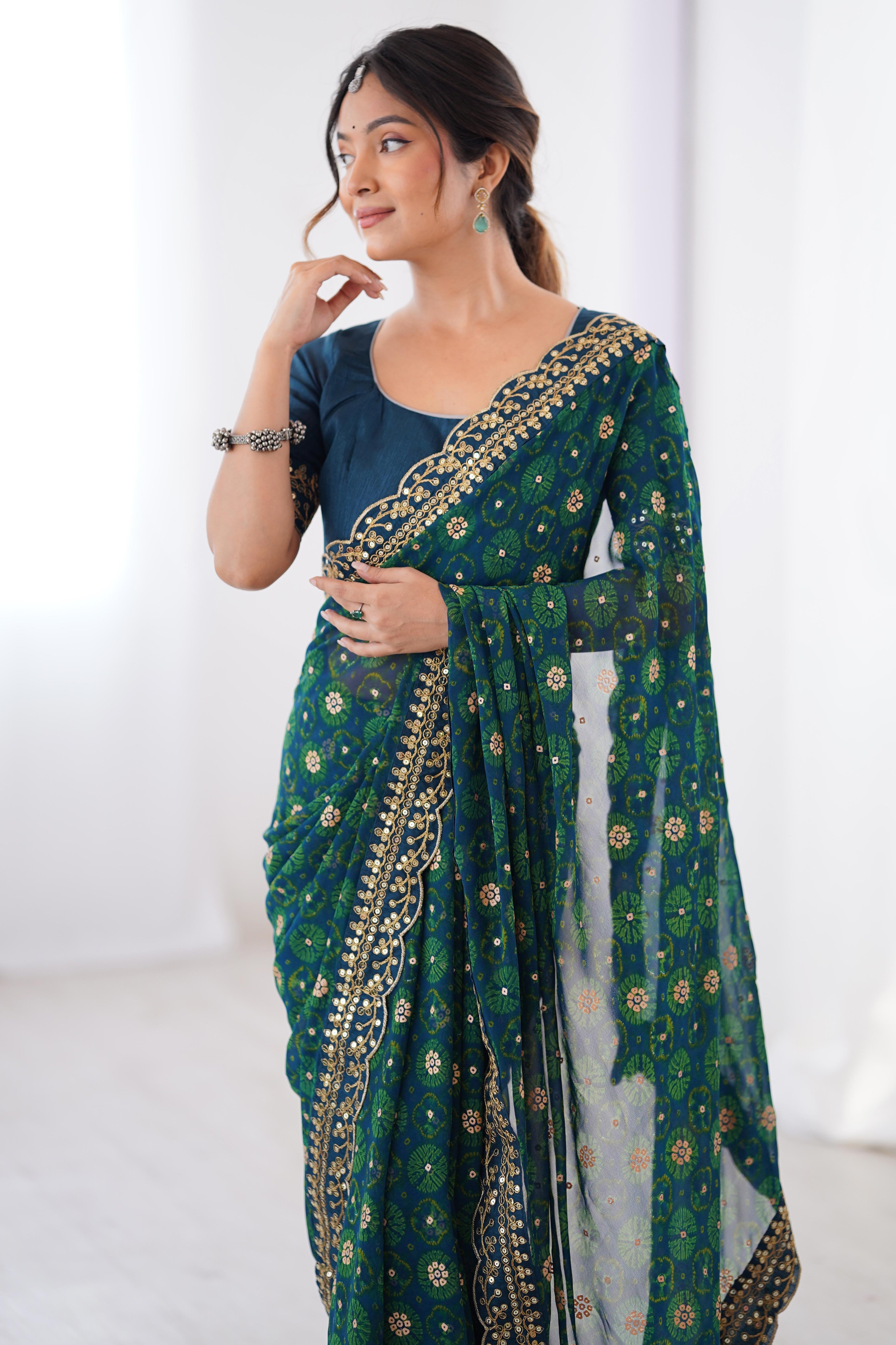 Soft Georgette Blue Saree with Playful Print and Delicate Sequin Lace Work