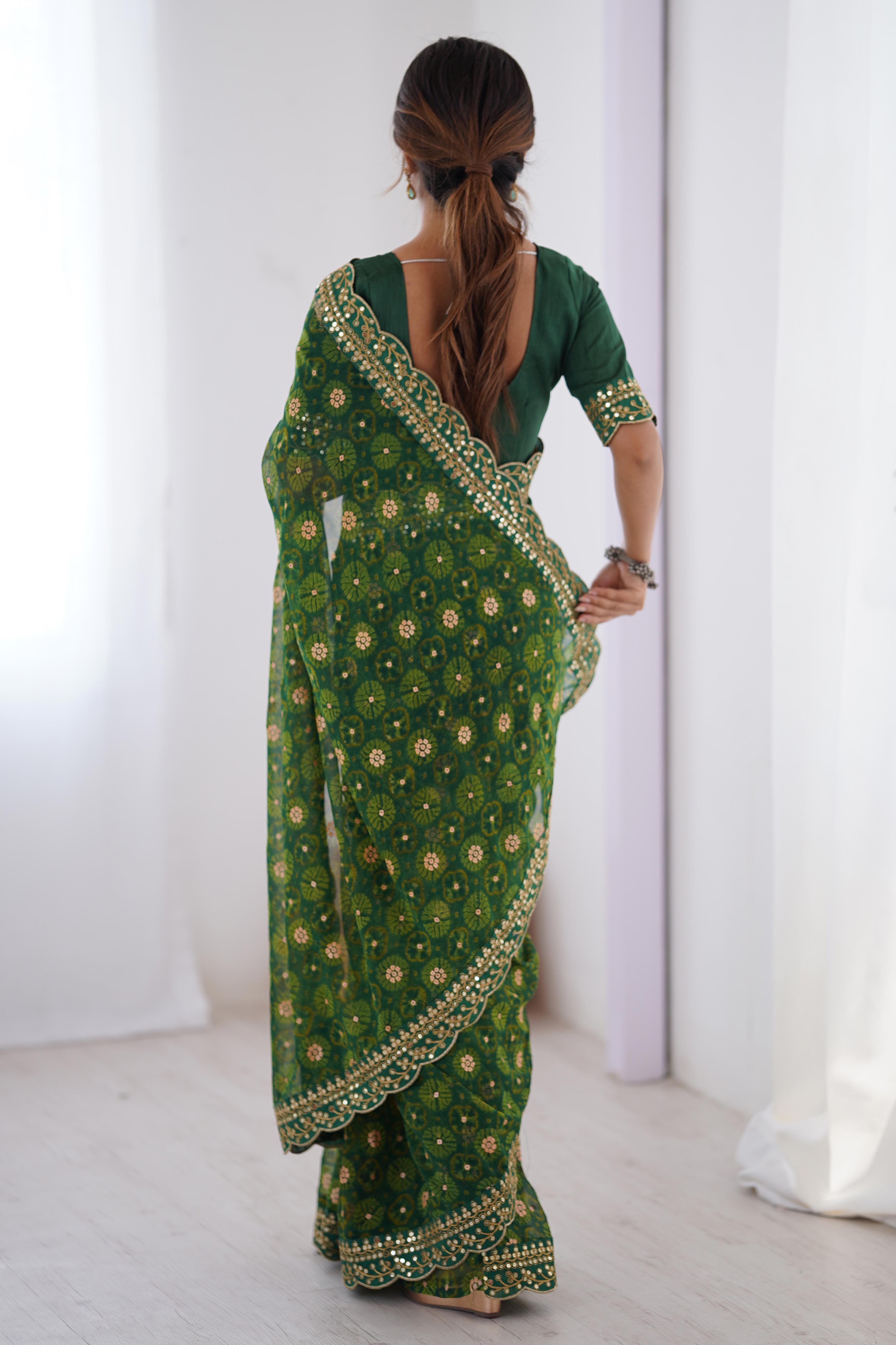 Soft Georgette Green Saree with Playful Print and Delicate Sequin Lace Work