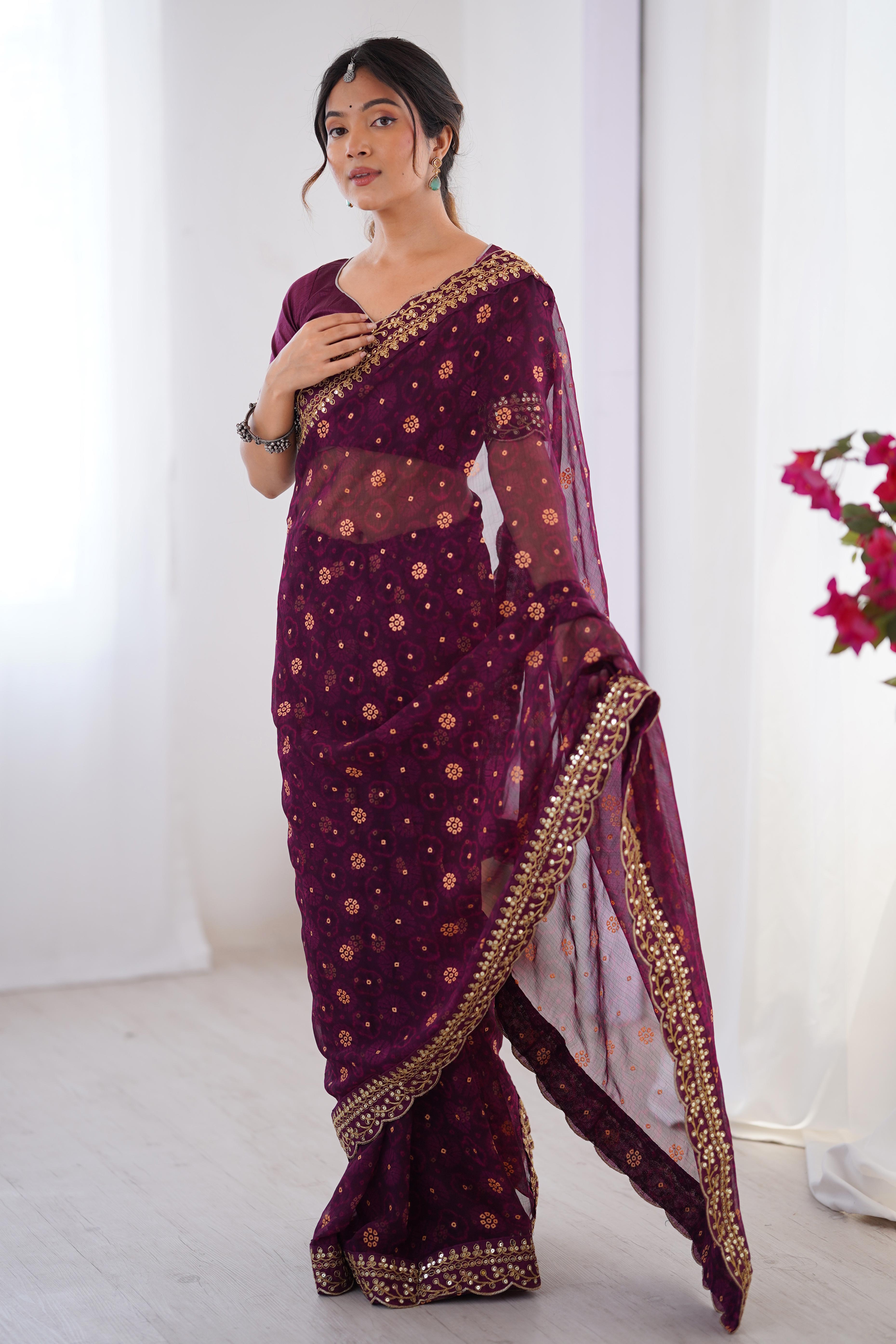 Soft Georgette Wine Saree with Playful Print and Delicate Sequin Lace Work