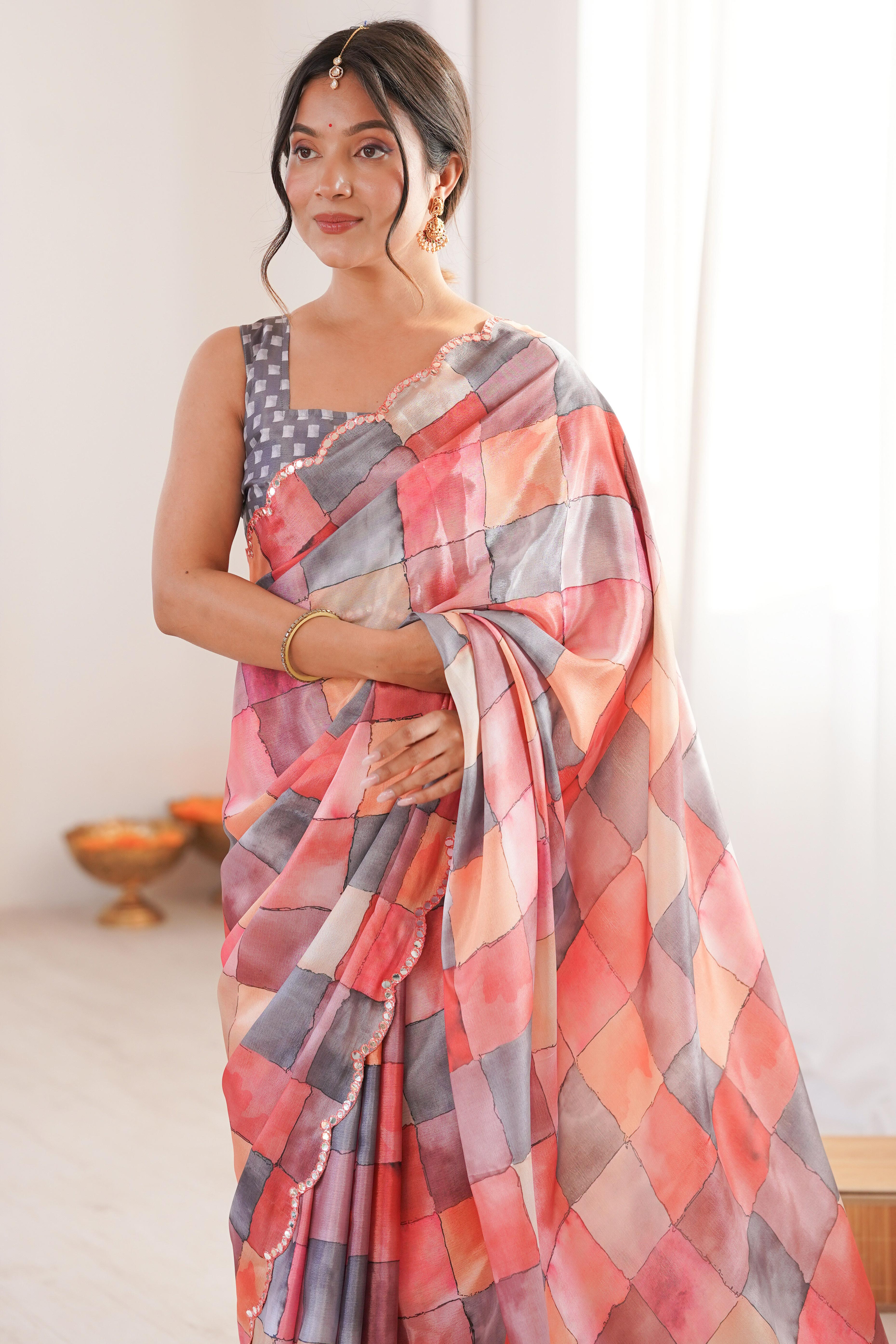 Vibrant Multicolor Checks Digital Printed Chinon Saree Accented With Elegant Embroidered Border