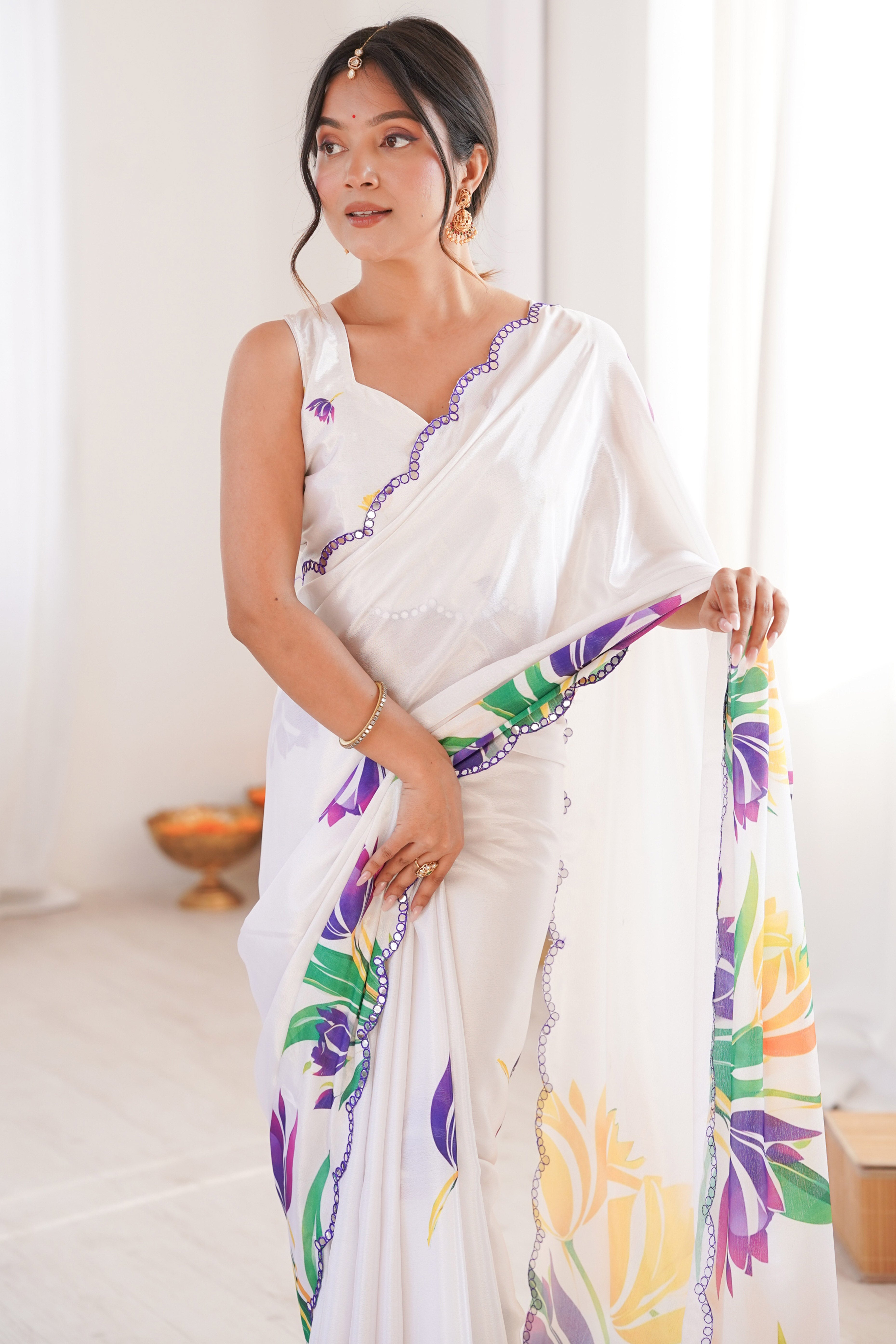 Classic White Floral Digital Print Chinon Saree Featuring Artful Embroidered Border Detailing