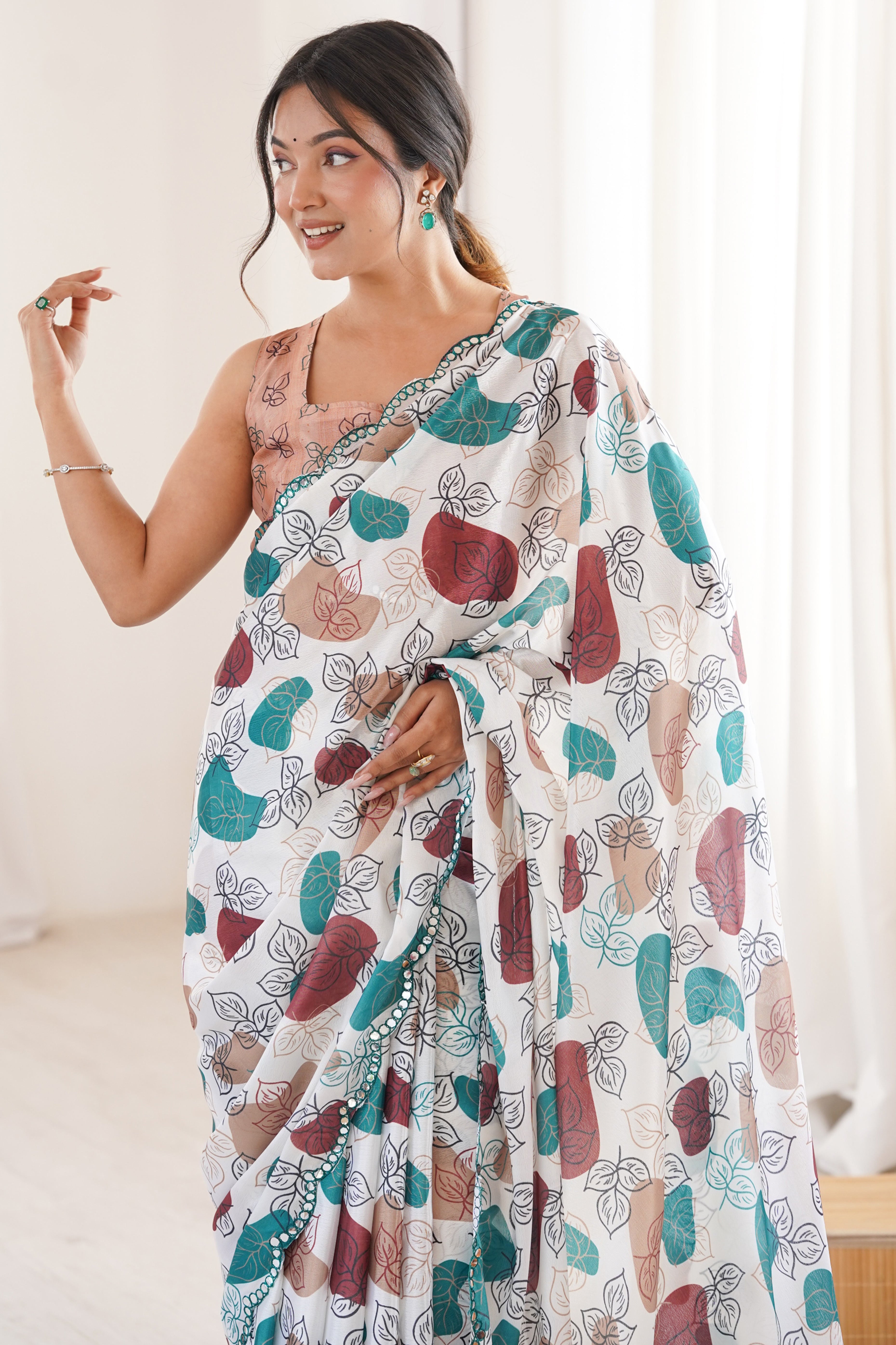 Ethereal White Leaf Digital Printed Chinon Saree Accented By Elegant Finished Embroidered Border