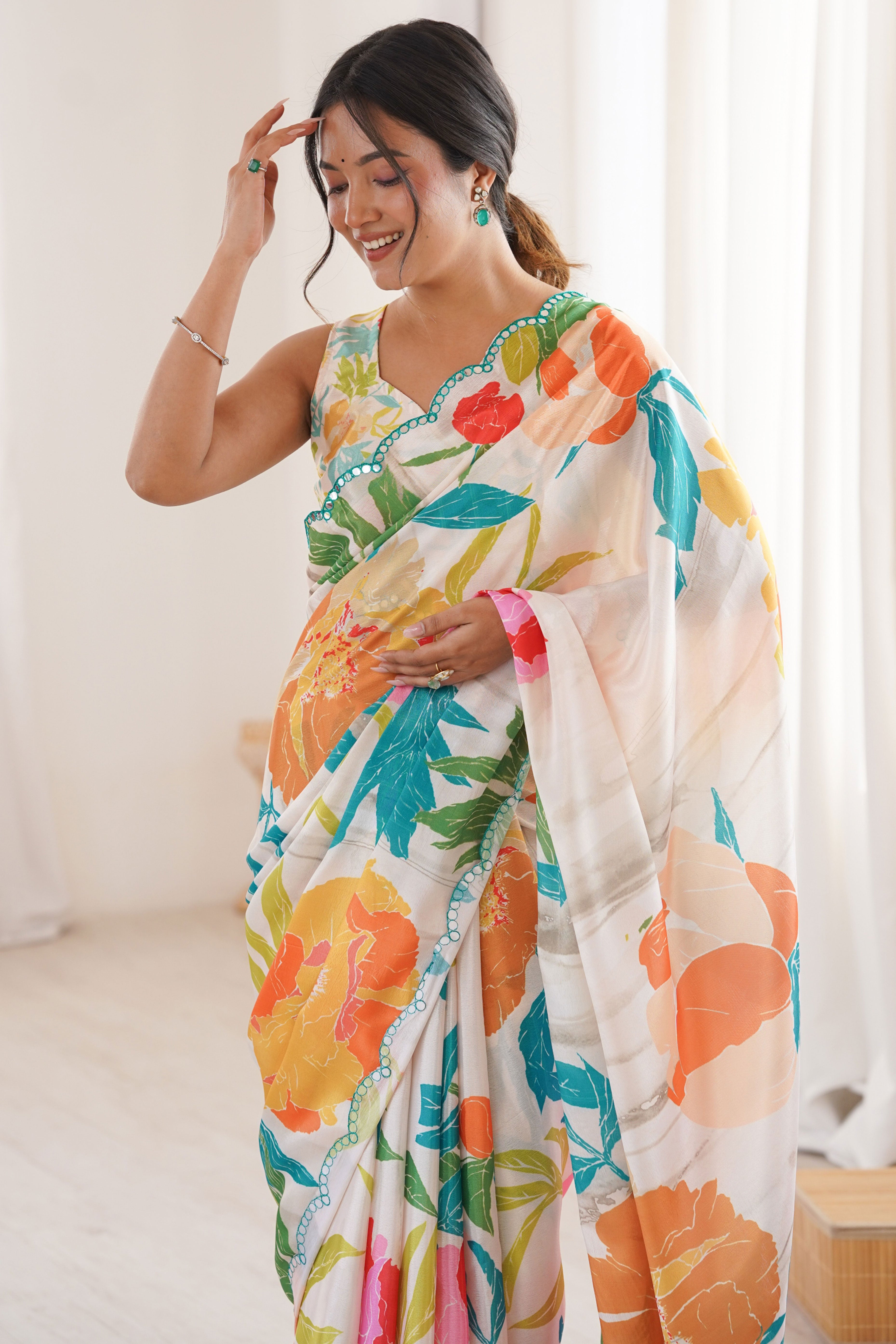 Chic Multicolor Floral Digital Printed Chinon Saree With Handcrafted Embroidered Border Elegance