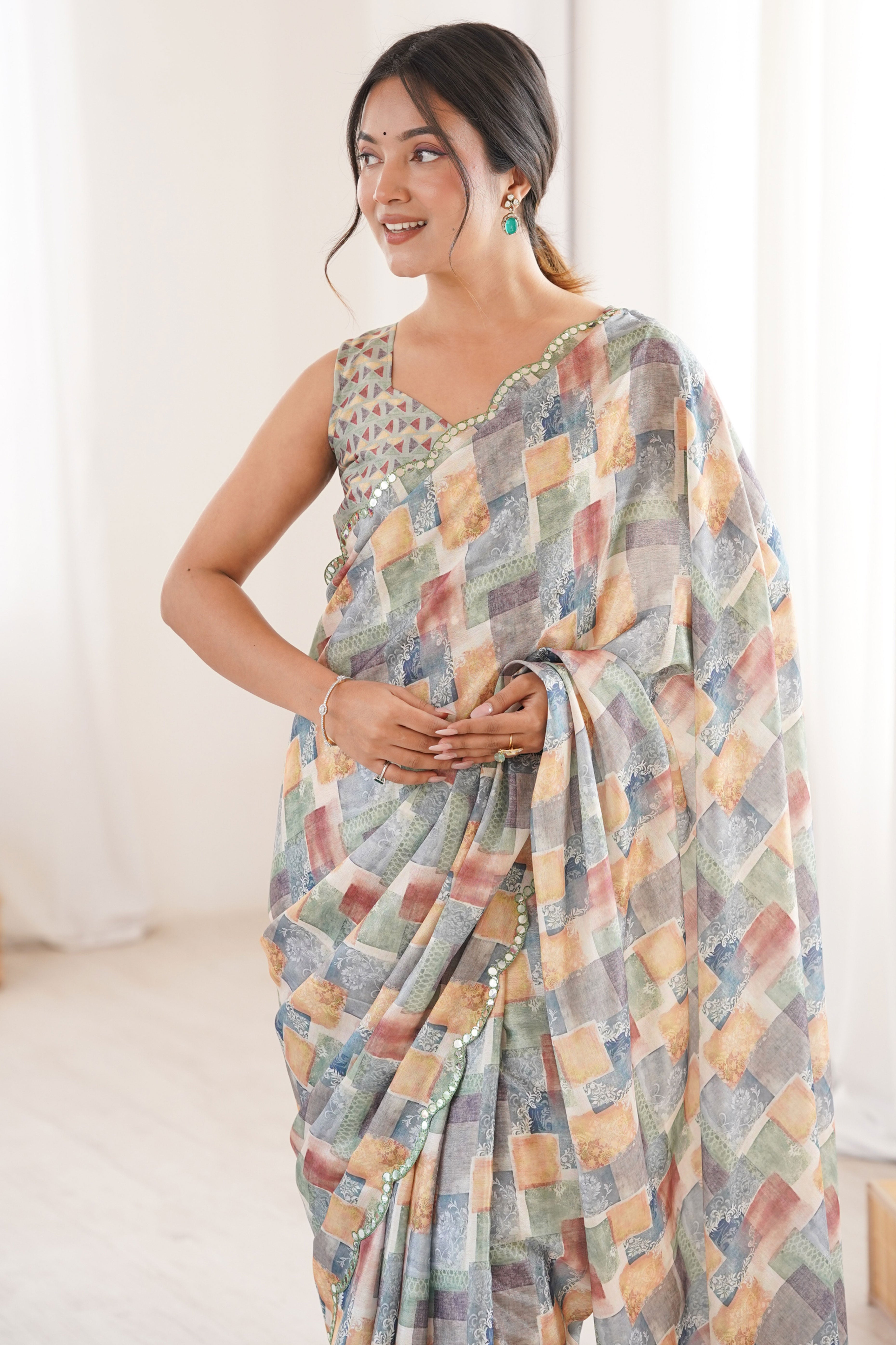 Exquisite Multicolor Geometric & Floral Digital Printed Chinon Saree With Elegant Embroidered Border