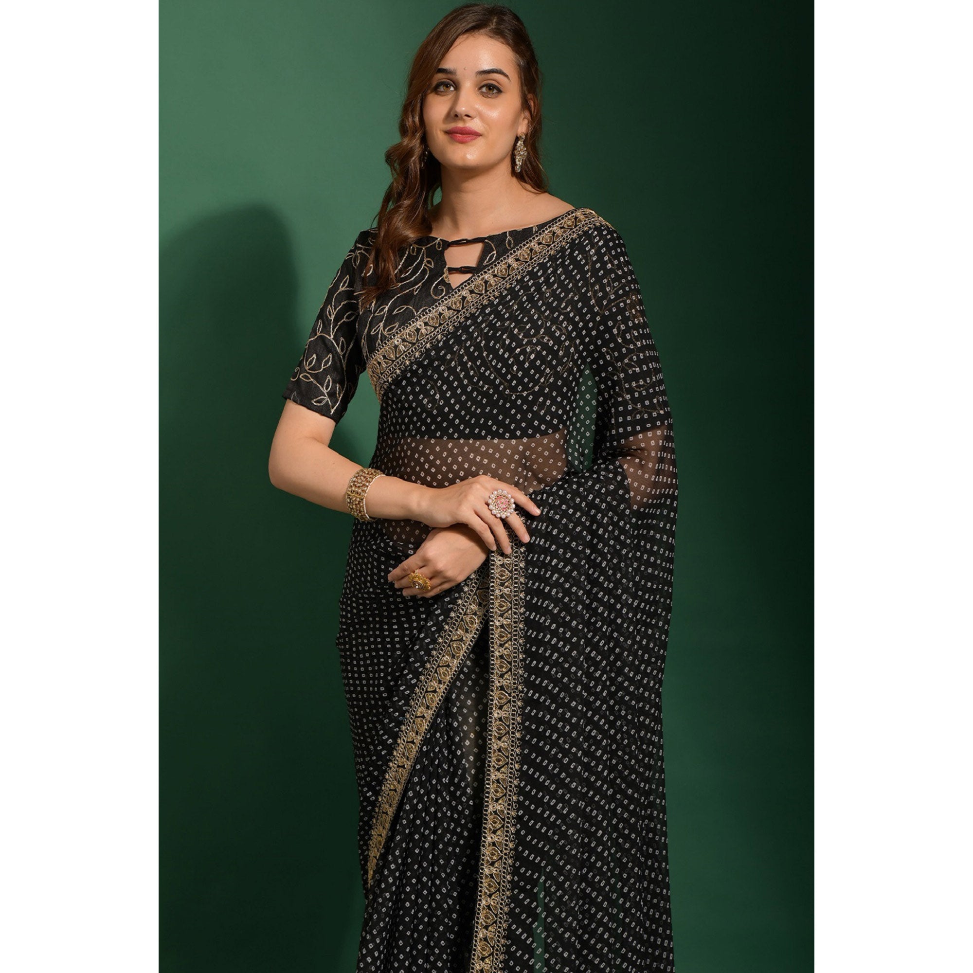 Black Bandhani Printed Georgette Saree With Embroidered Border