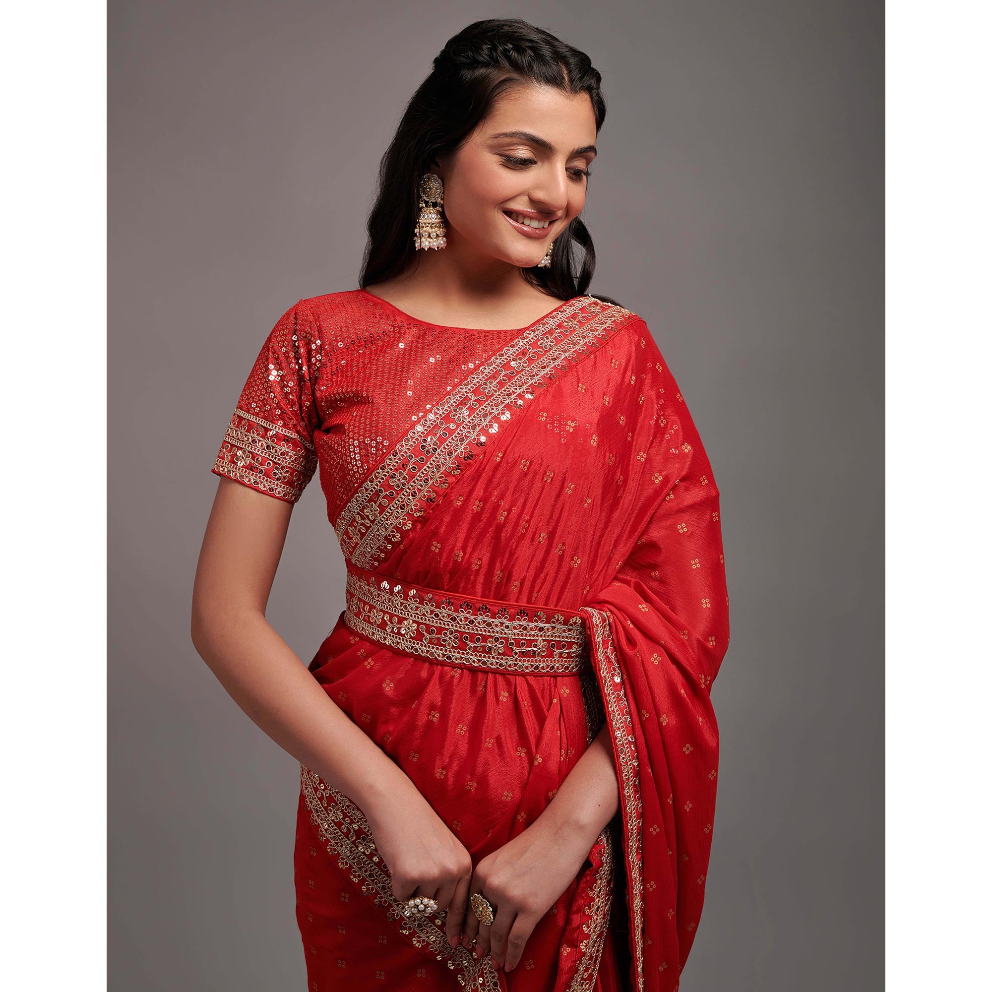 Red Sequins Embroidered Border Chinon Saree