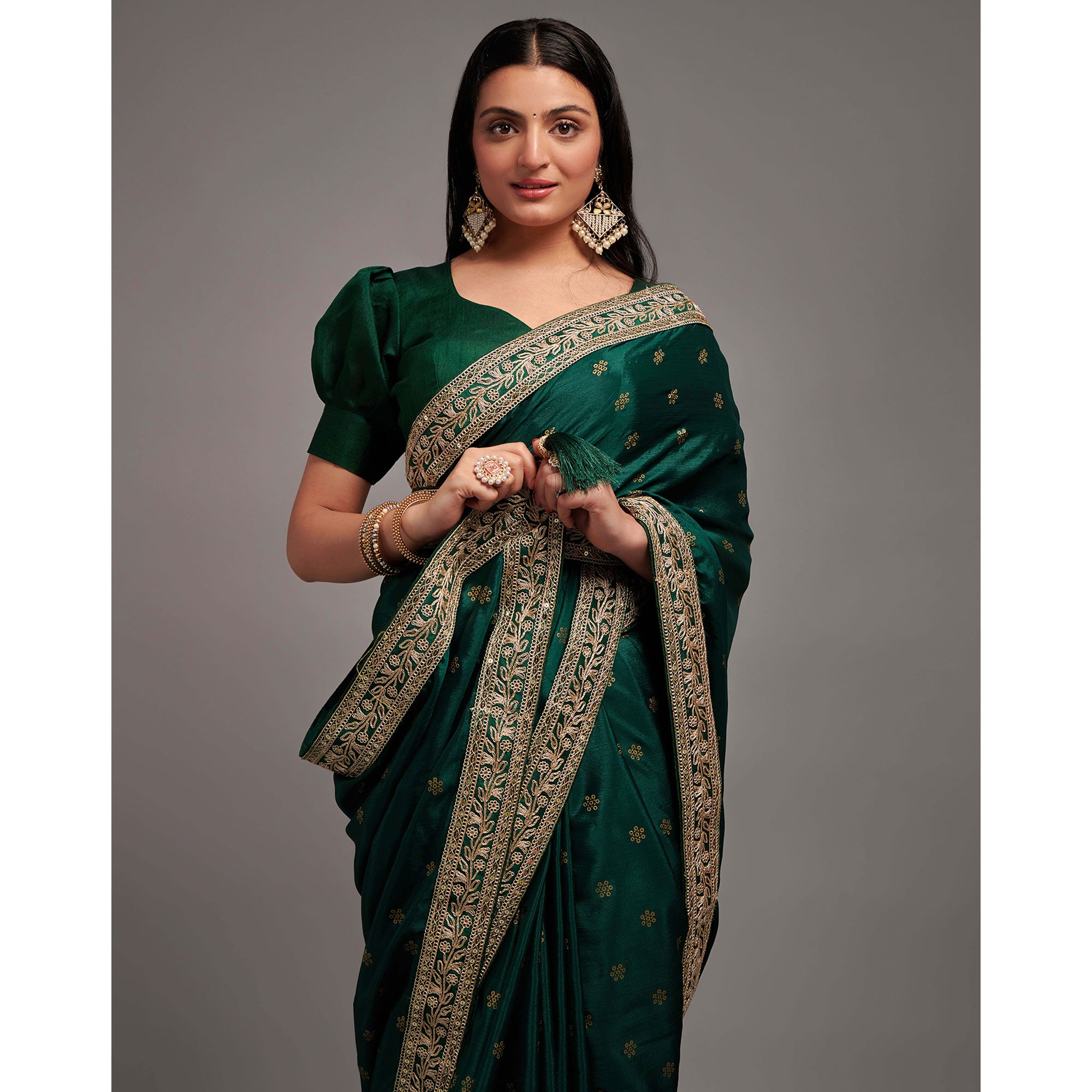 Green Foil Printed With Embroidered Border Chinon Saree