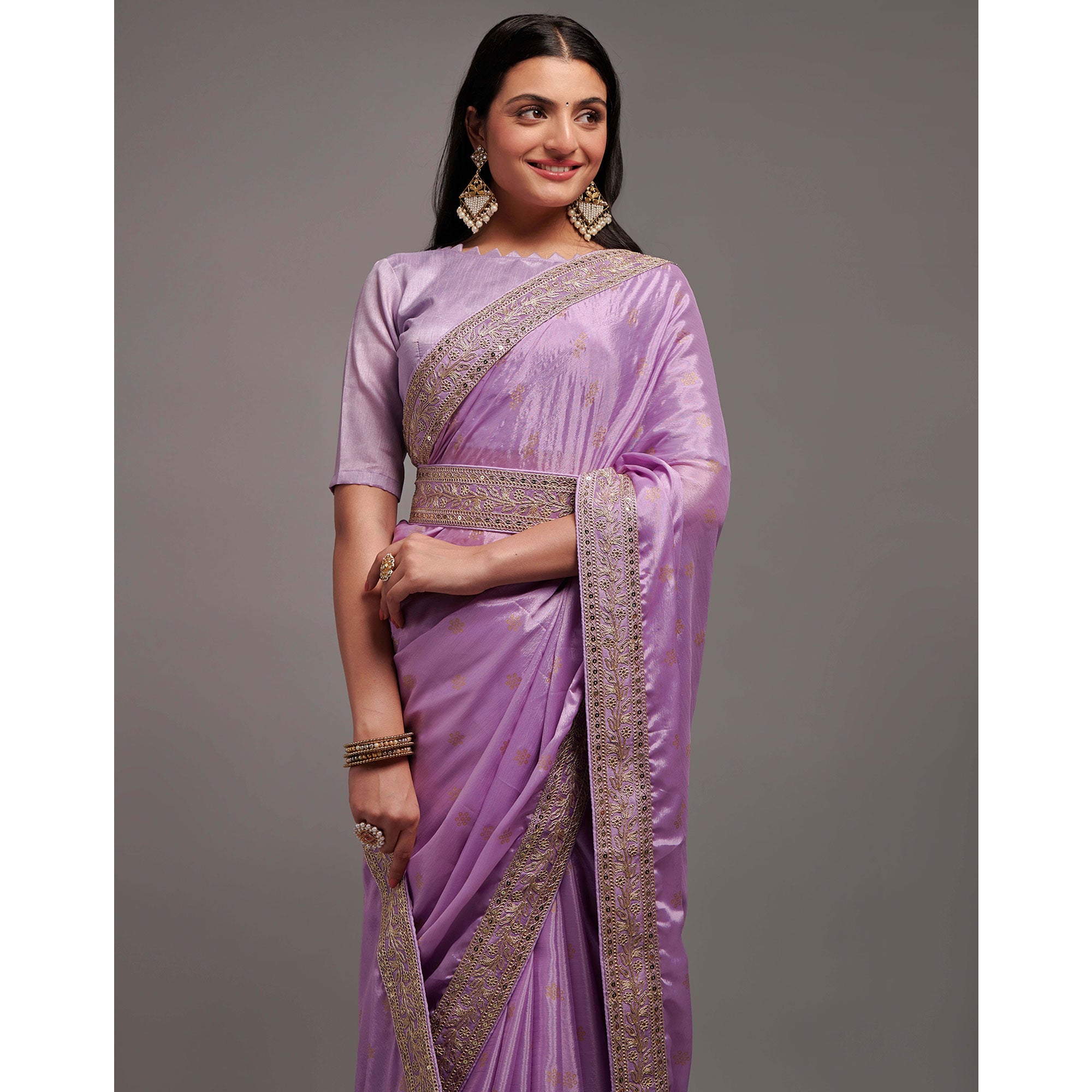 Light Purple Foil Printed With Embroidered Border Chinon Saree