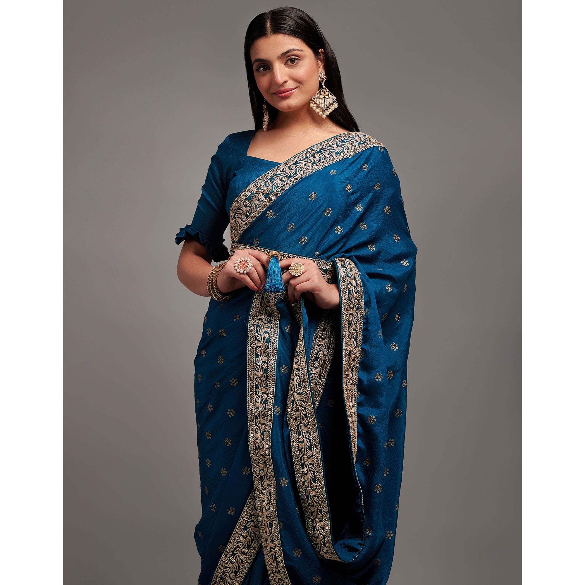 Blue Foil Printed With Embroidered Border Chinon Saree