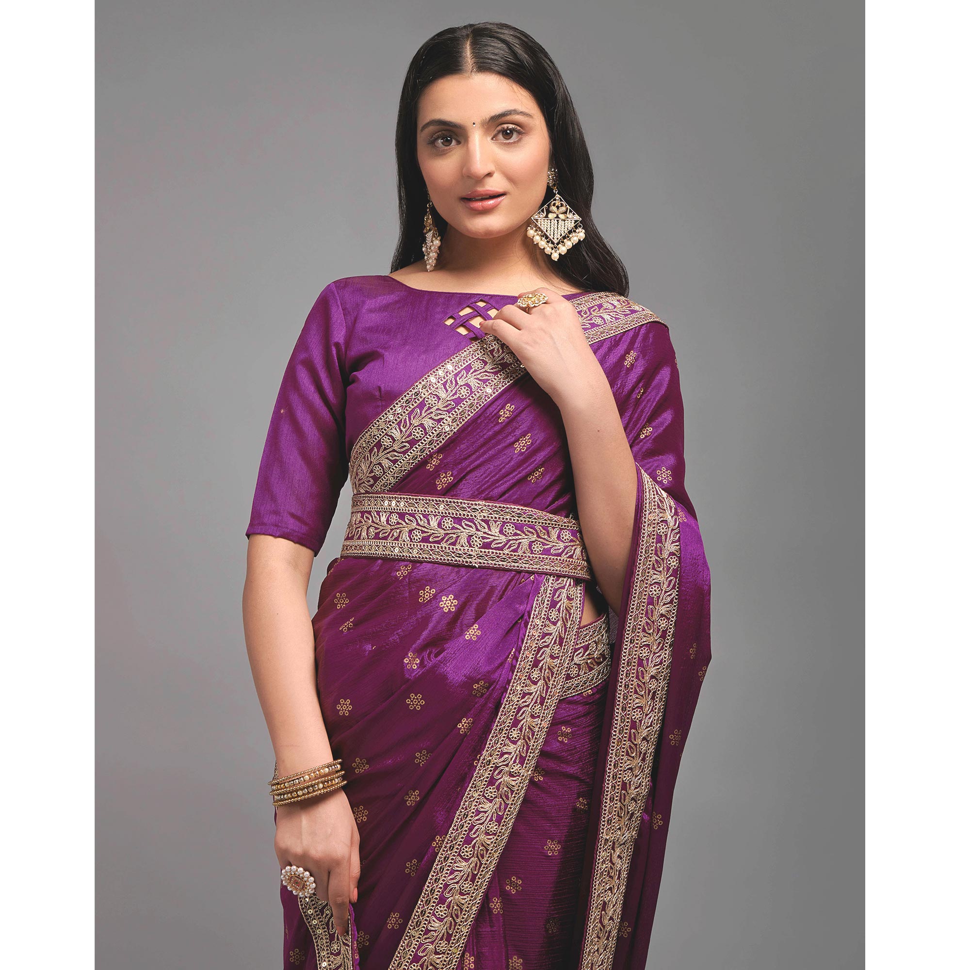Wine Foil Printed With Embroidered Border Chinon Saree