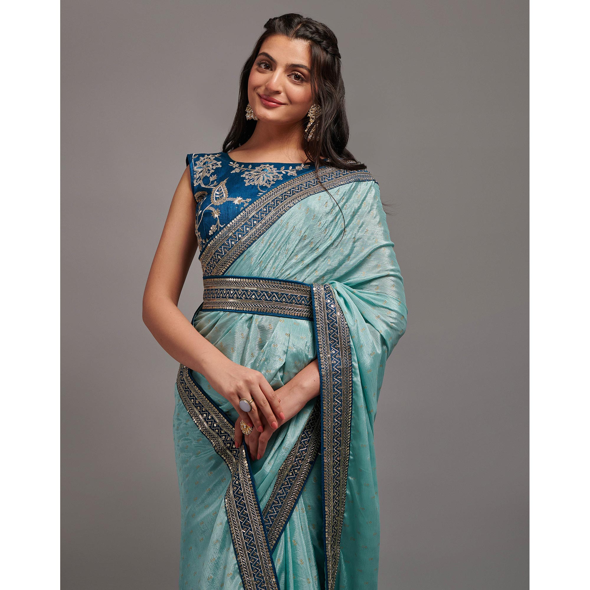 Turquoise Foil Printed With Embroidered Border Chinon Saree