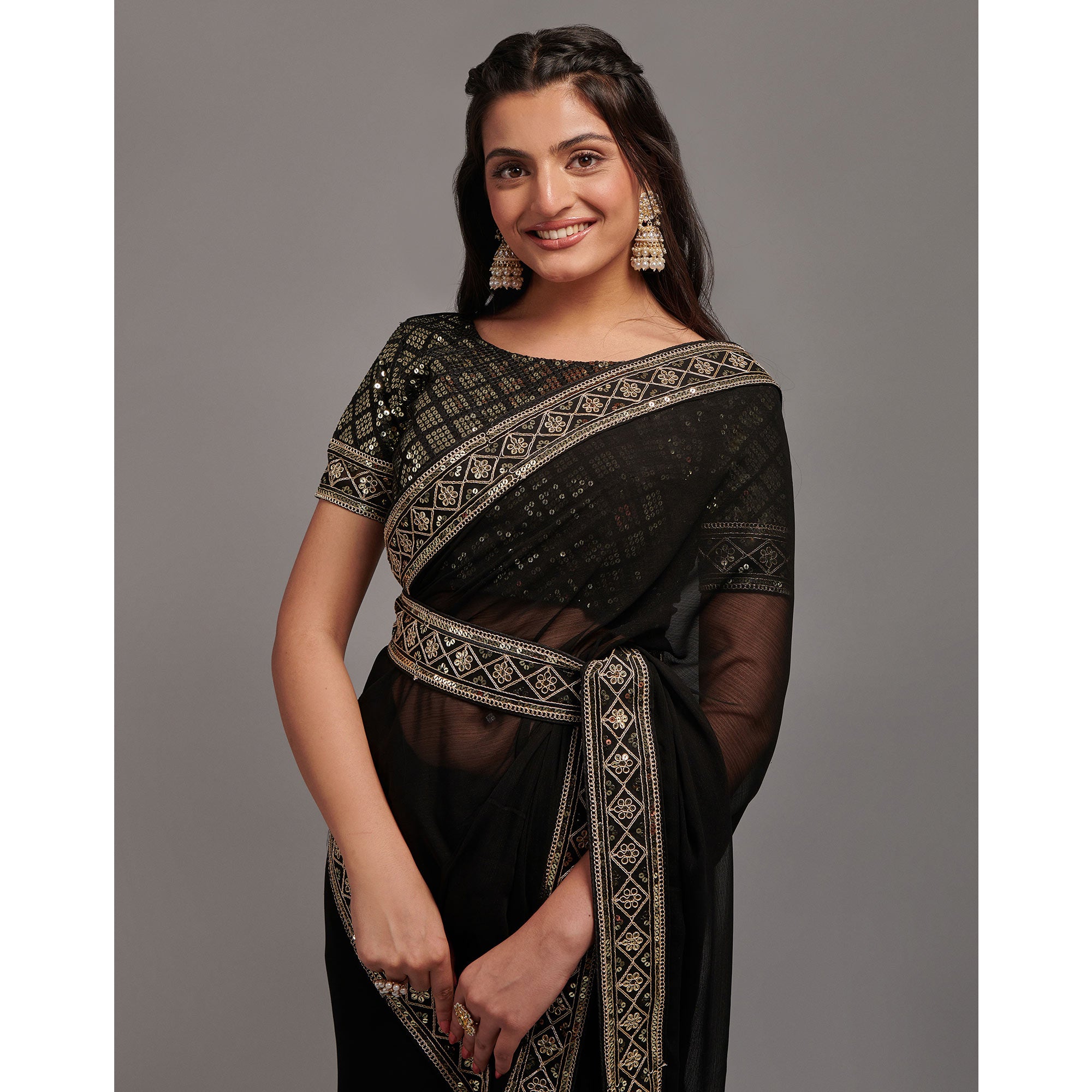 Black Sequins Embroidered Border Chinon Saree