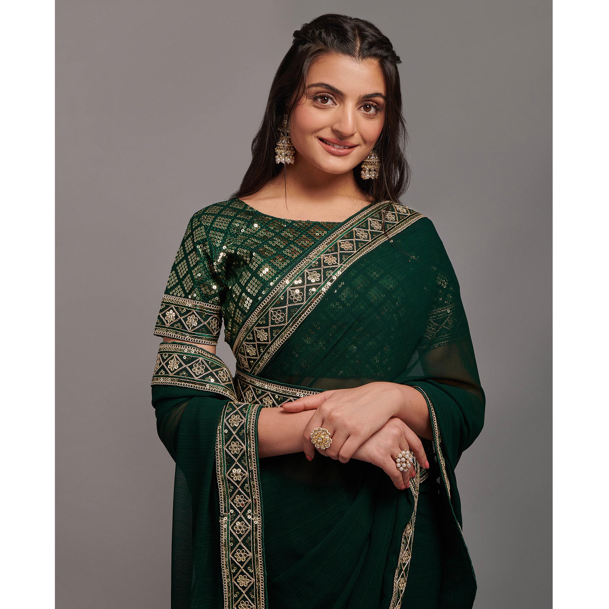 Green Sequins Embroidered Border Chinon Saree
