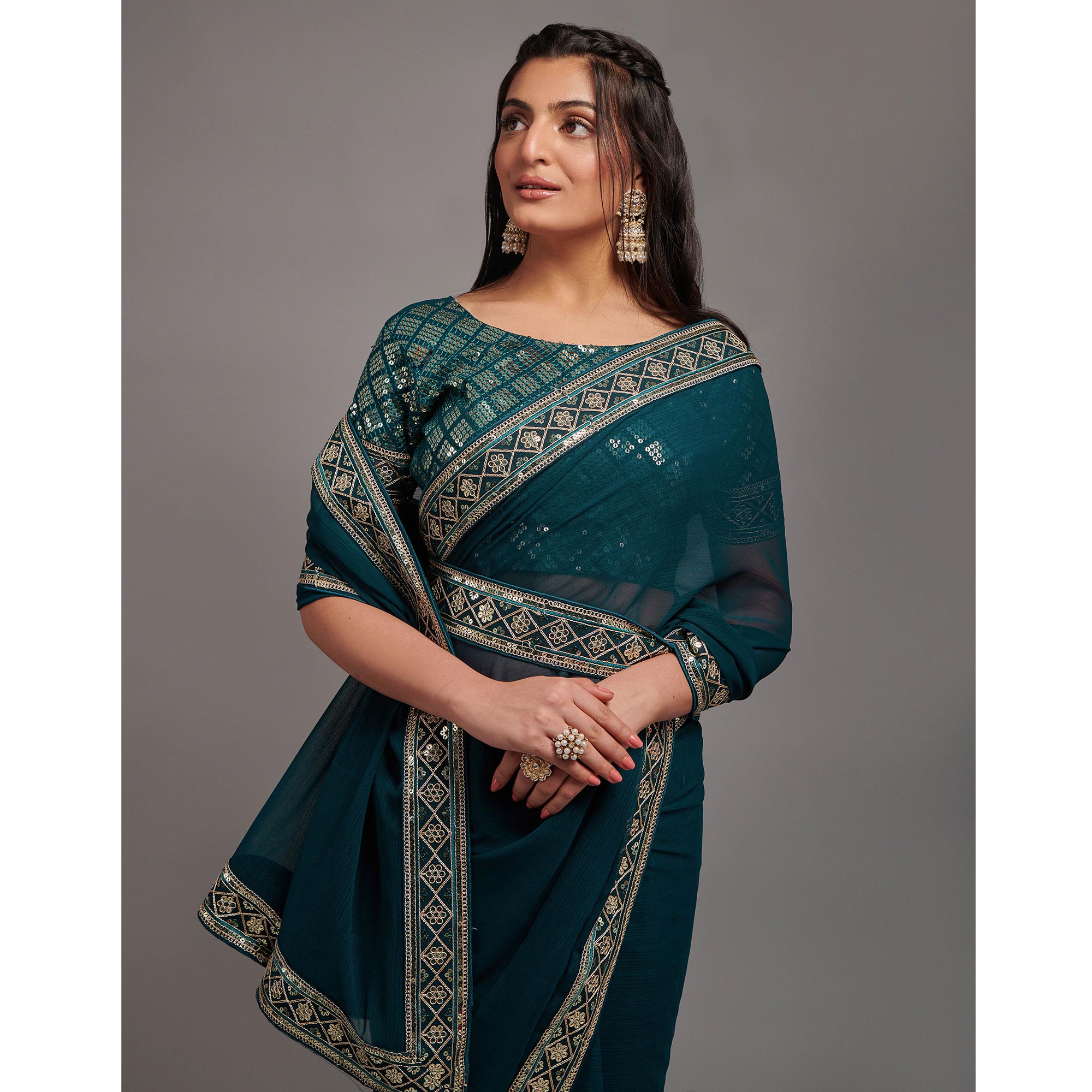 Morpich Sequins Embroidered Border Chinon Saree