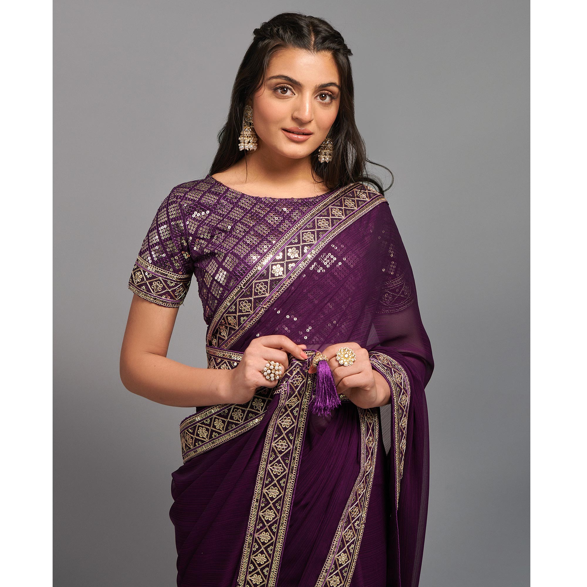 Wine Sequins Embroidered Border Chinon Saree