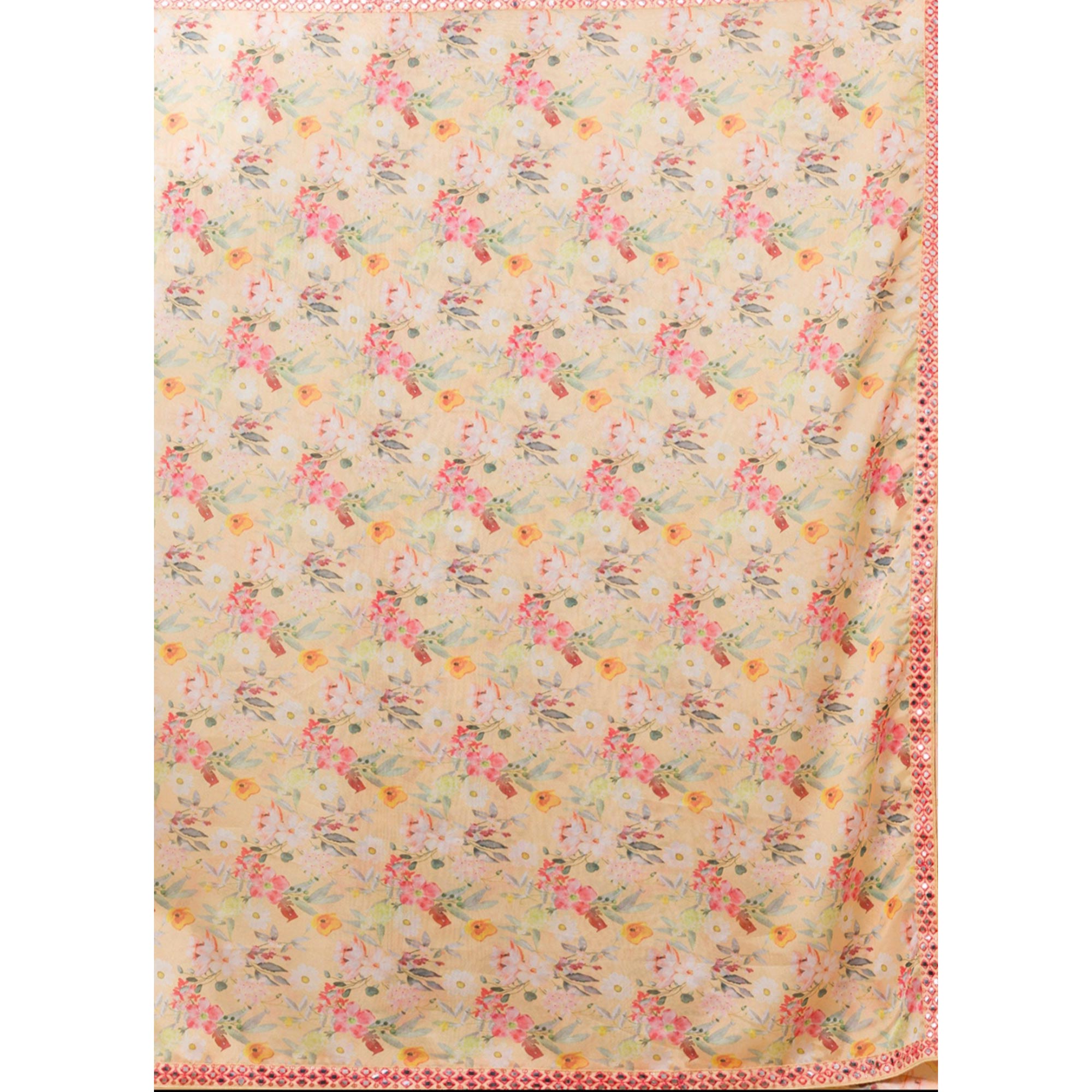 Peach Floral Printed Chinon Saree With Fancy Mirror Border