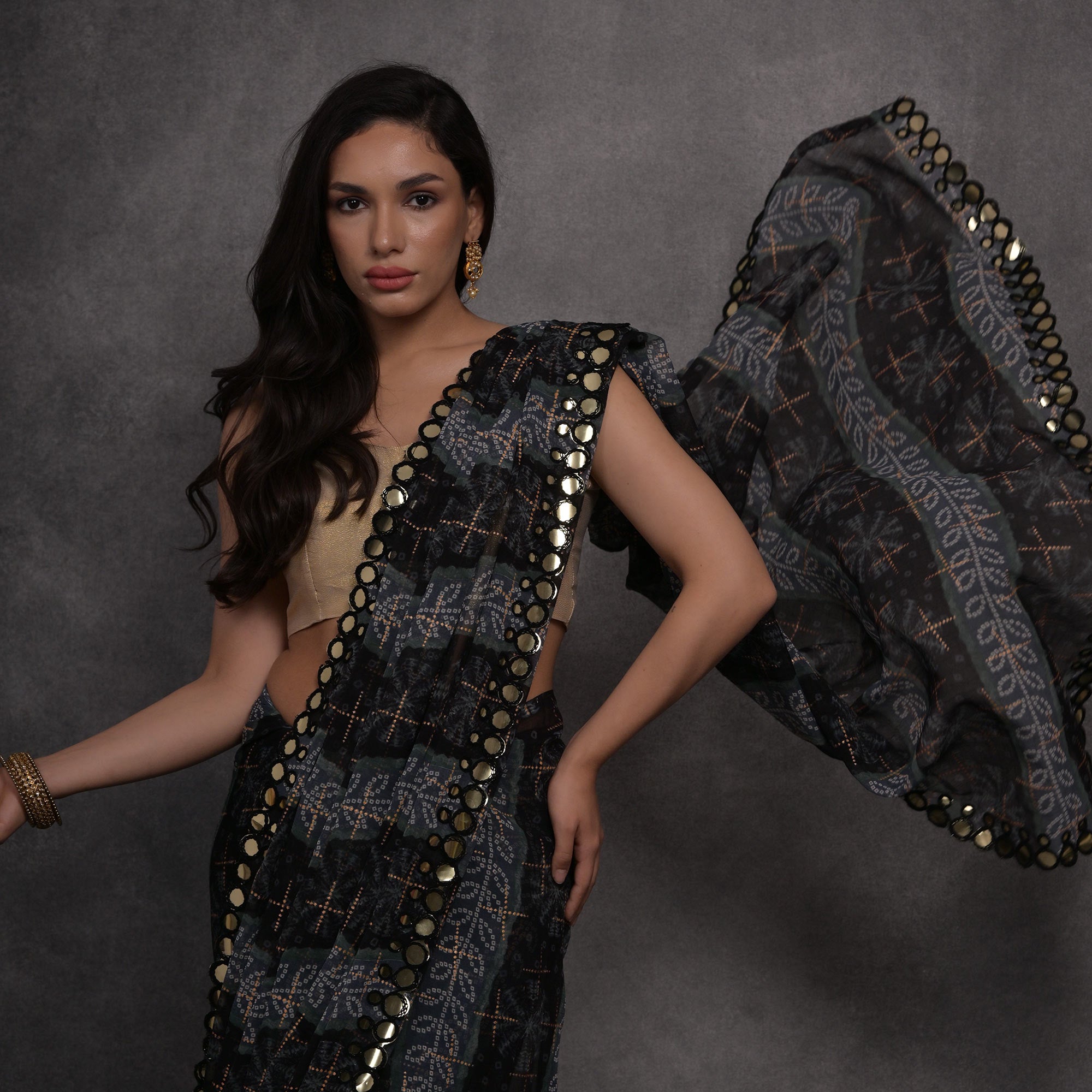 Black Foil Printed With Mirror Work Georgette Saree