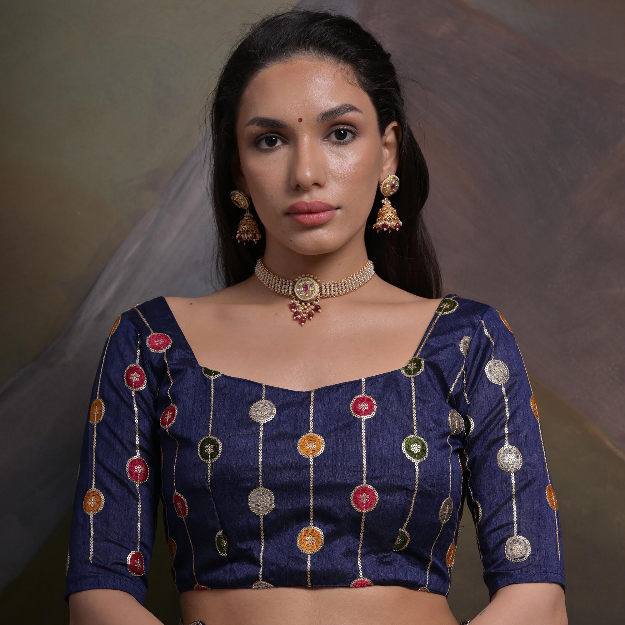 Navy Blue Floral Printed Chinon Saree With Embroidered Border