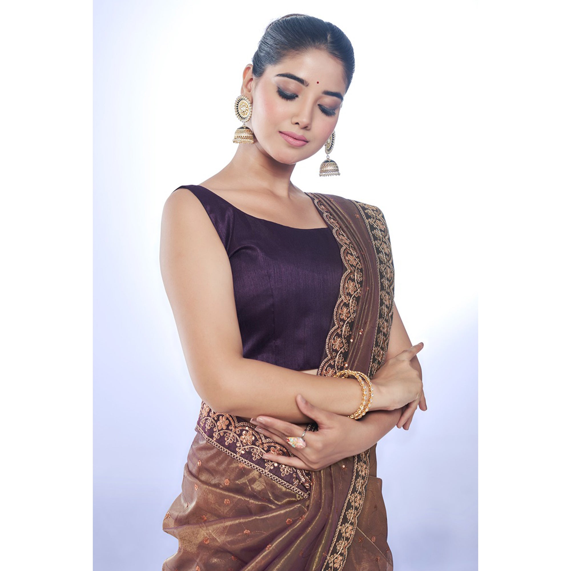 Brown Sequins Embroidered Net Saree