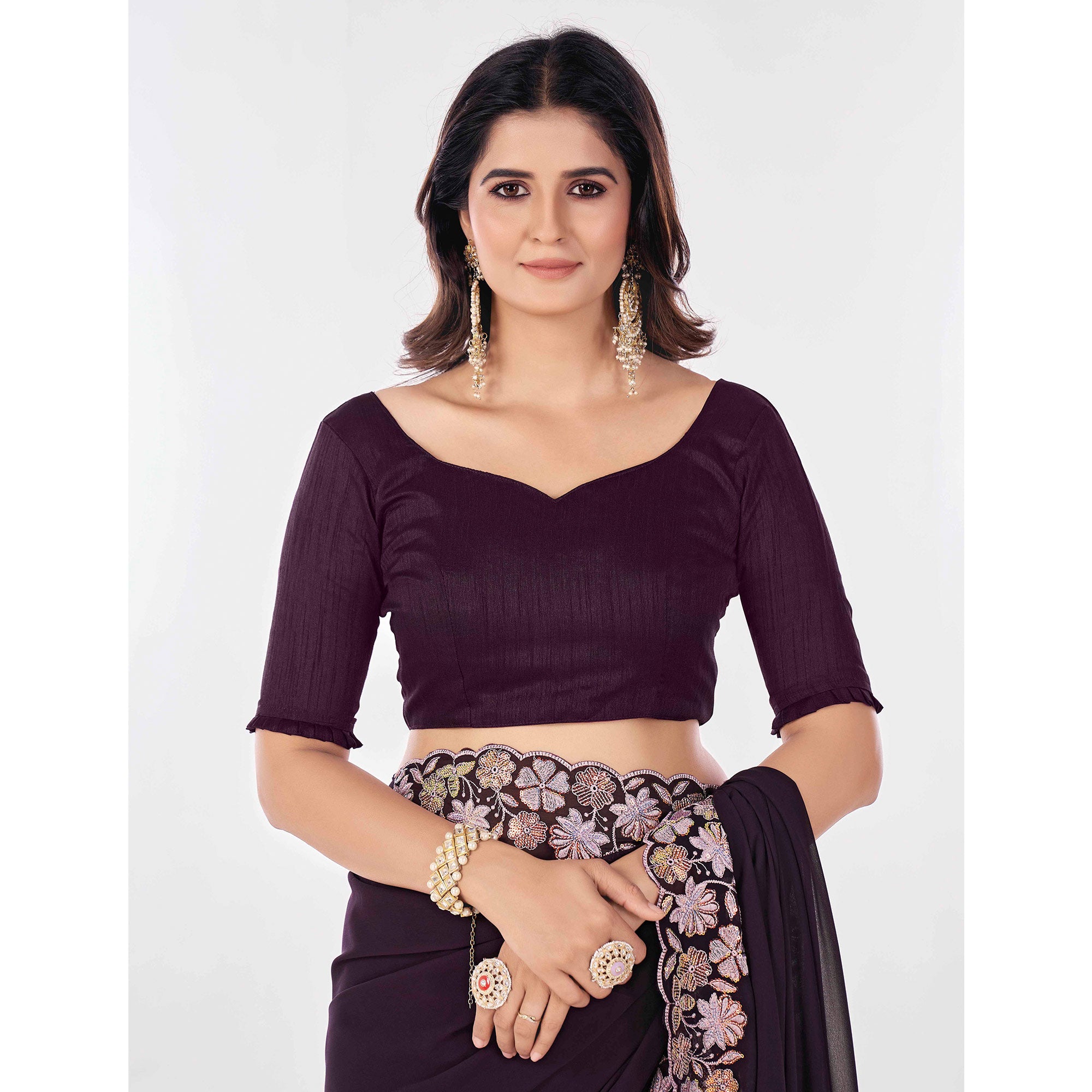 Wine Sequins Embroidered Georgette Saree