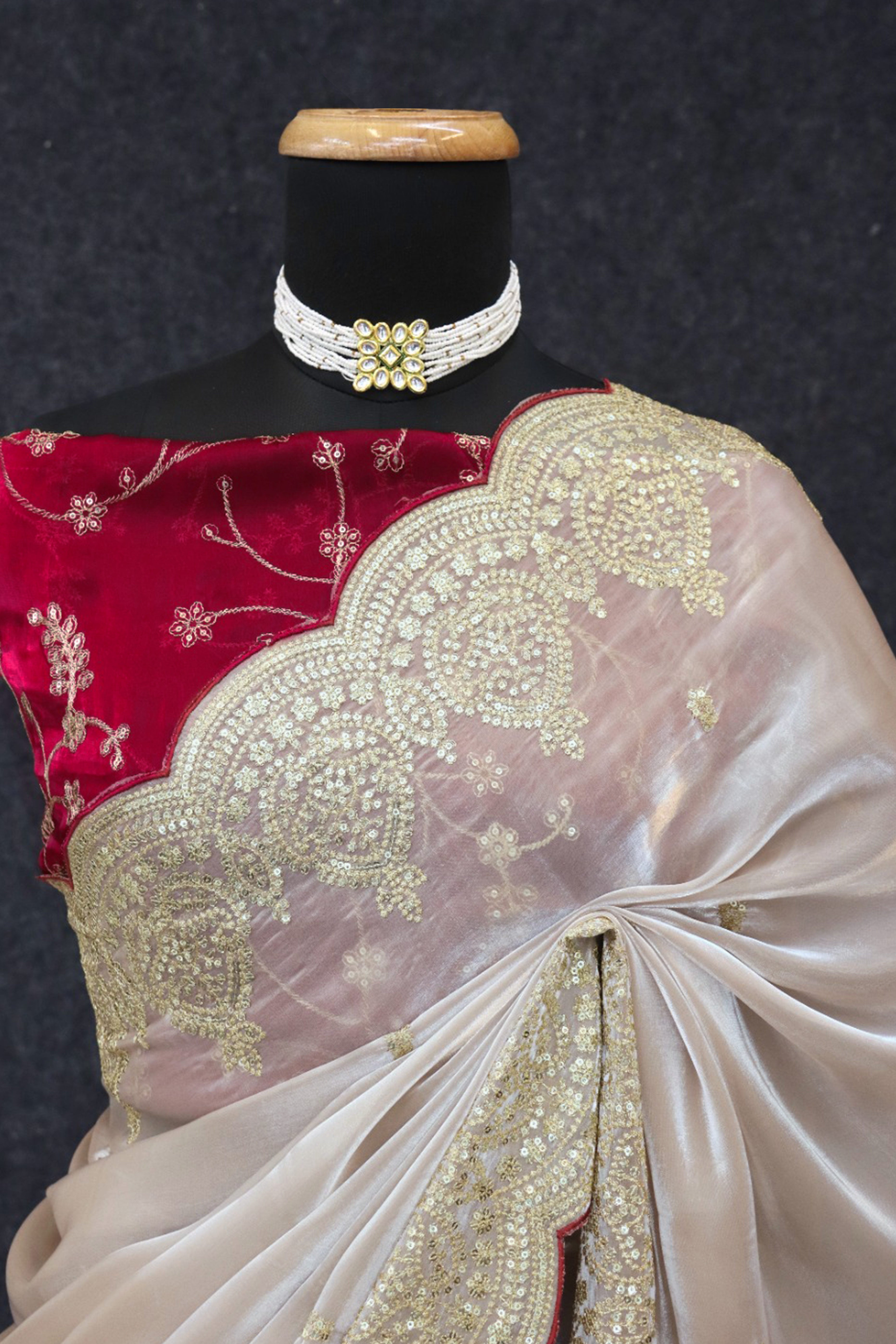 Stylish Chikoo Jimmy Choo Satin Silk Saree Beautified with Floral Zari Embroidery & Sequins Work