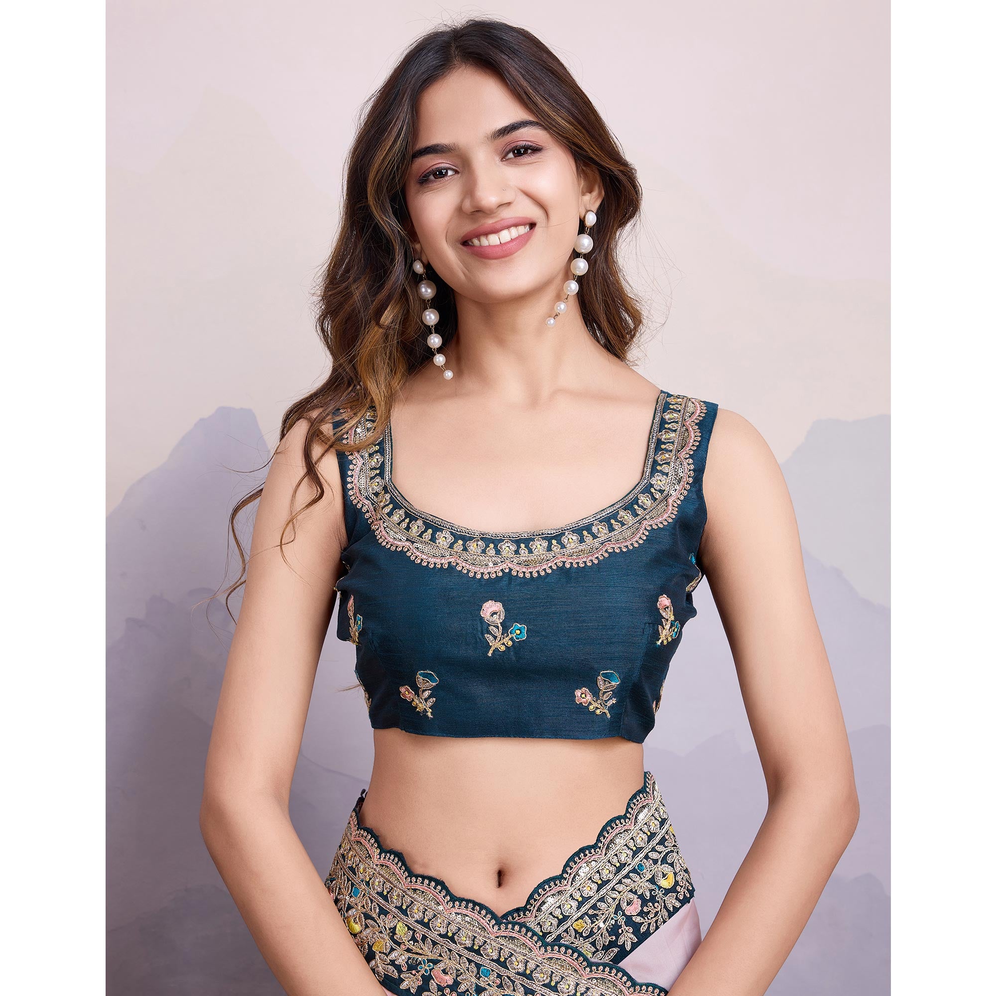 Light Peach Floral Sequins Embroidered Organza Saree With Lace Border