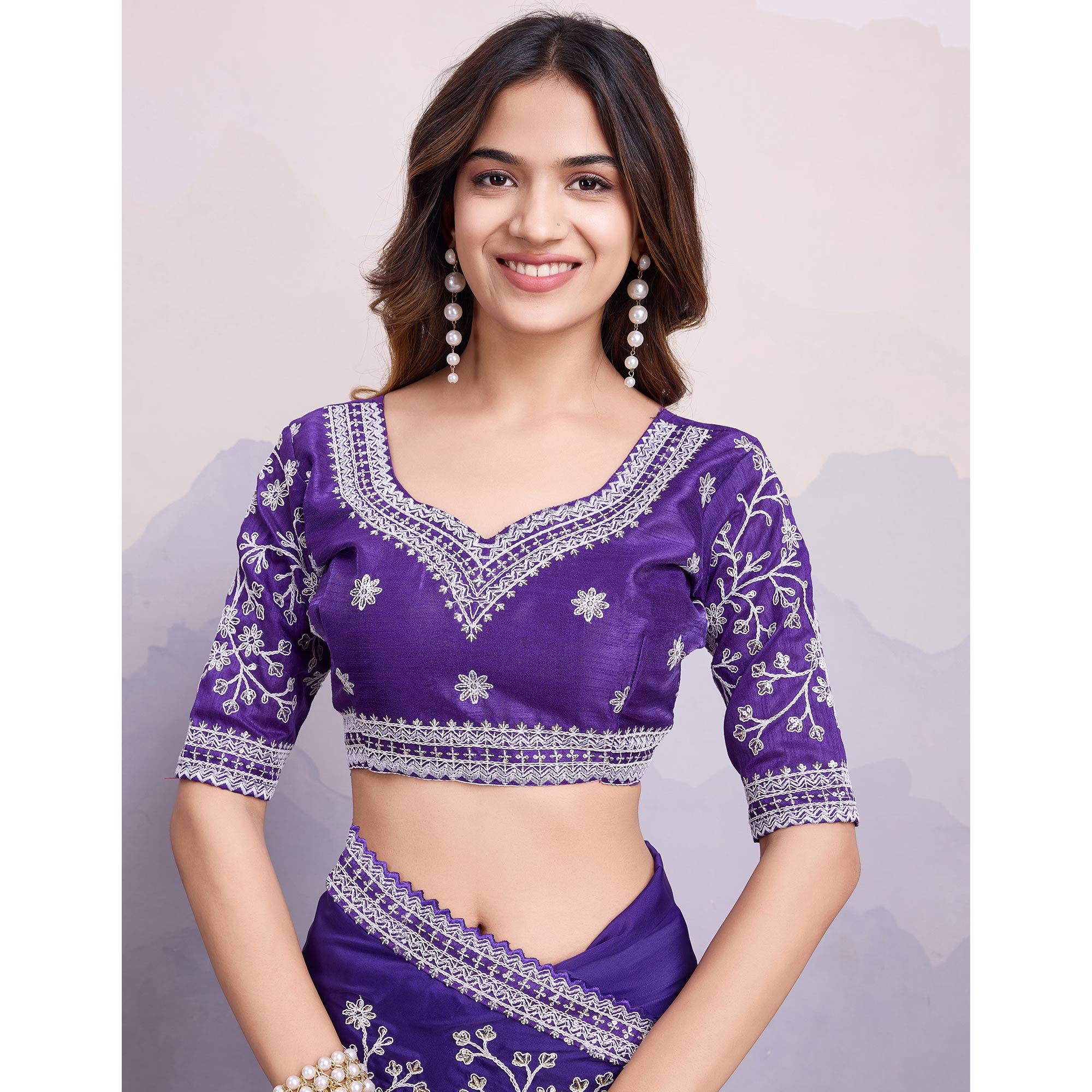 Violet Blue Floral Sequins Embroidered Organza Saree With Lace Border