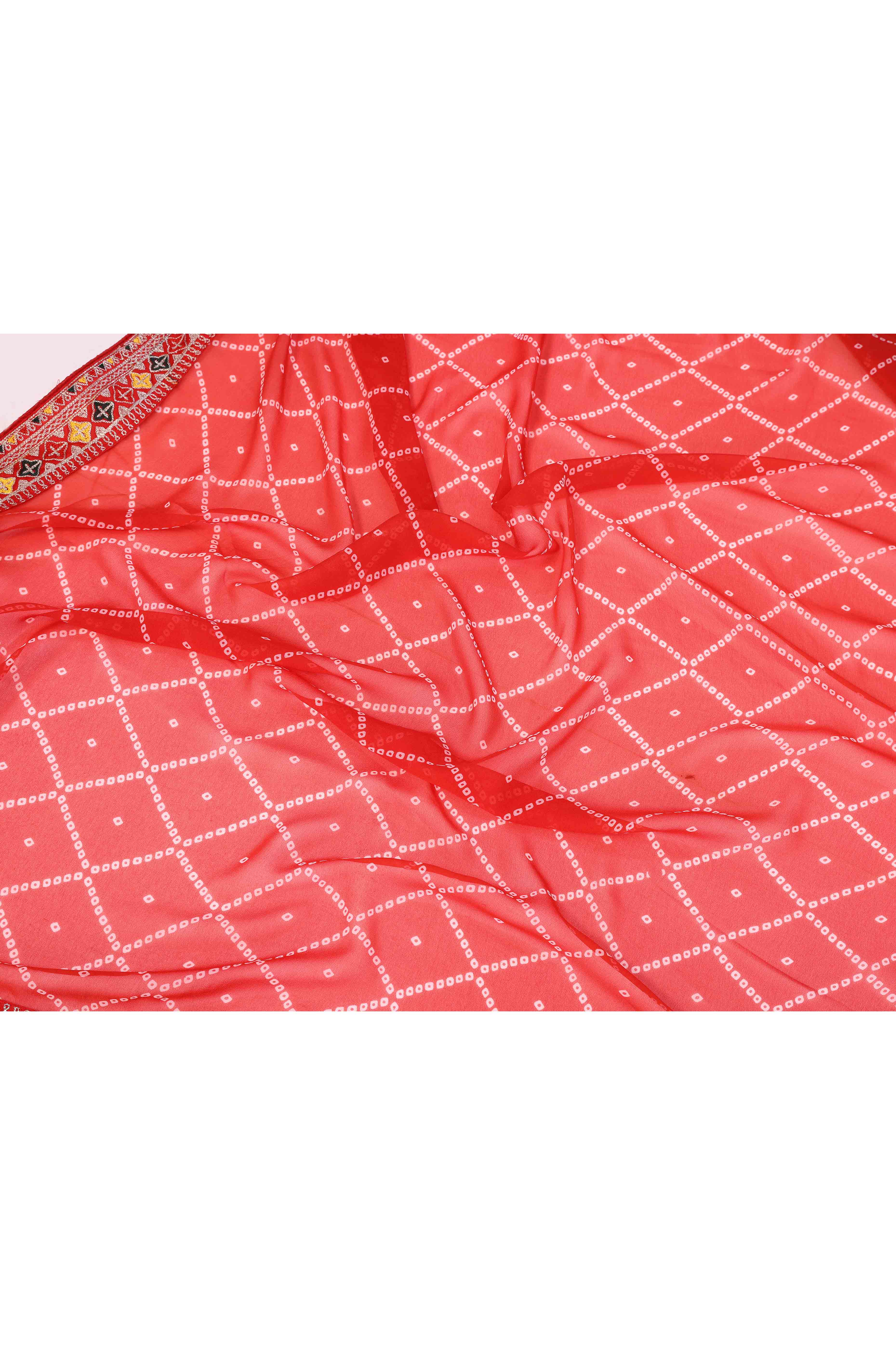 Red Bandhani Printed Georgette Saree Framed With Elegant Embroidered Border