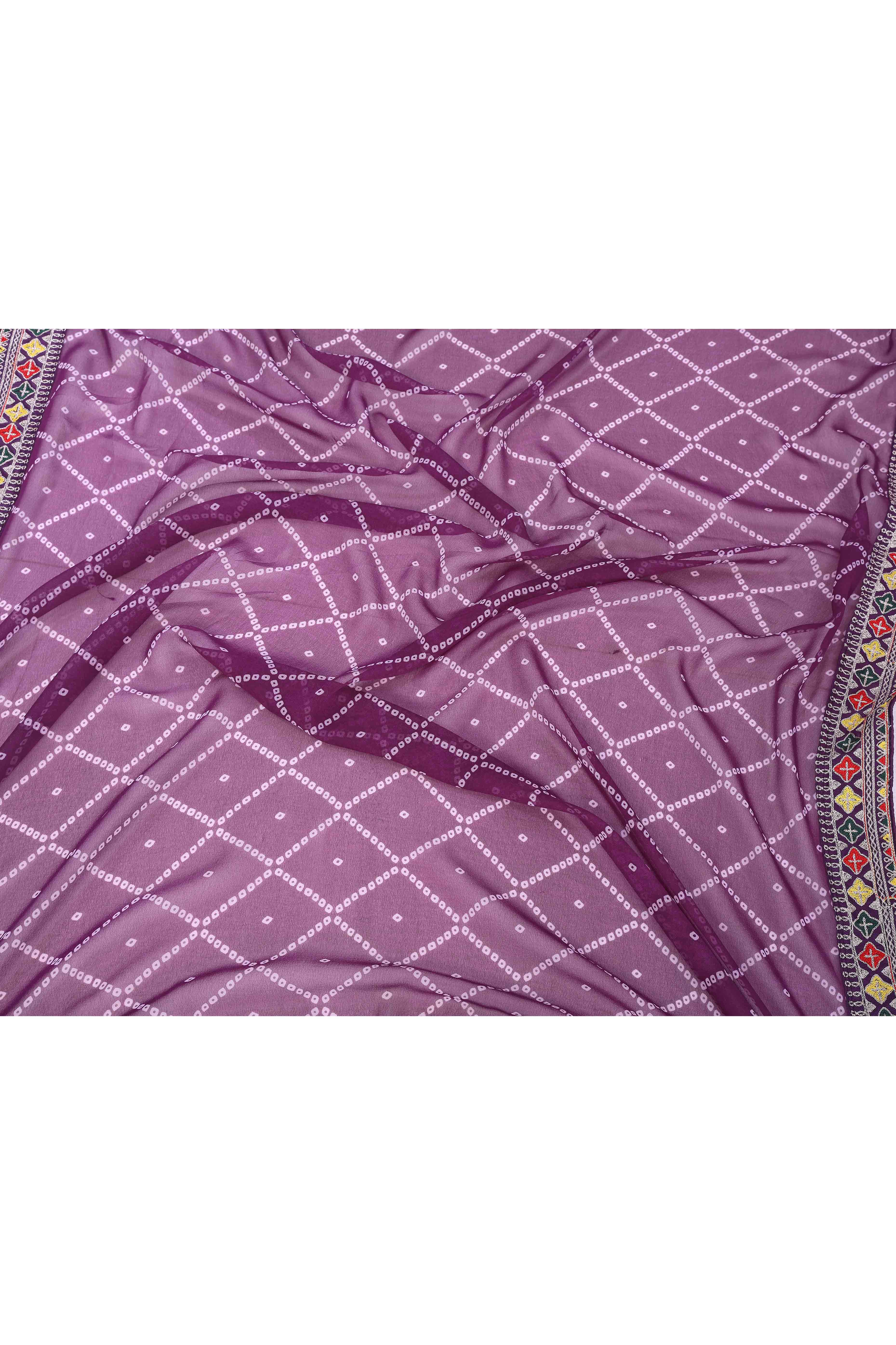 Wine Bandhani Printed Georgette Saree Framed With Elegant Embroidered Border