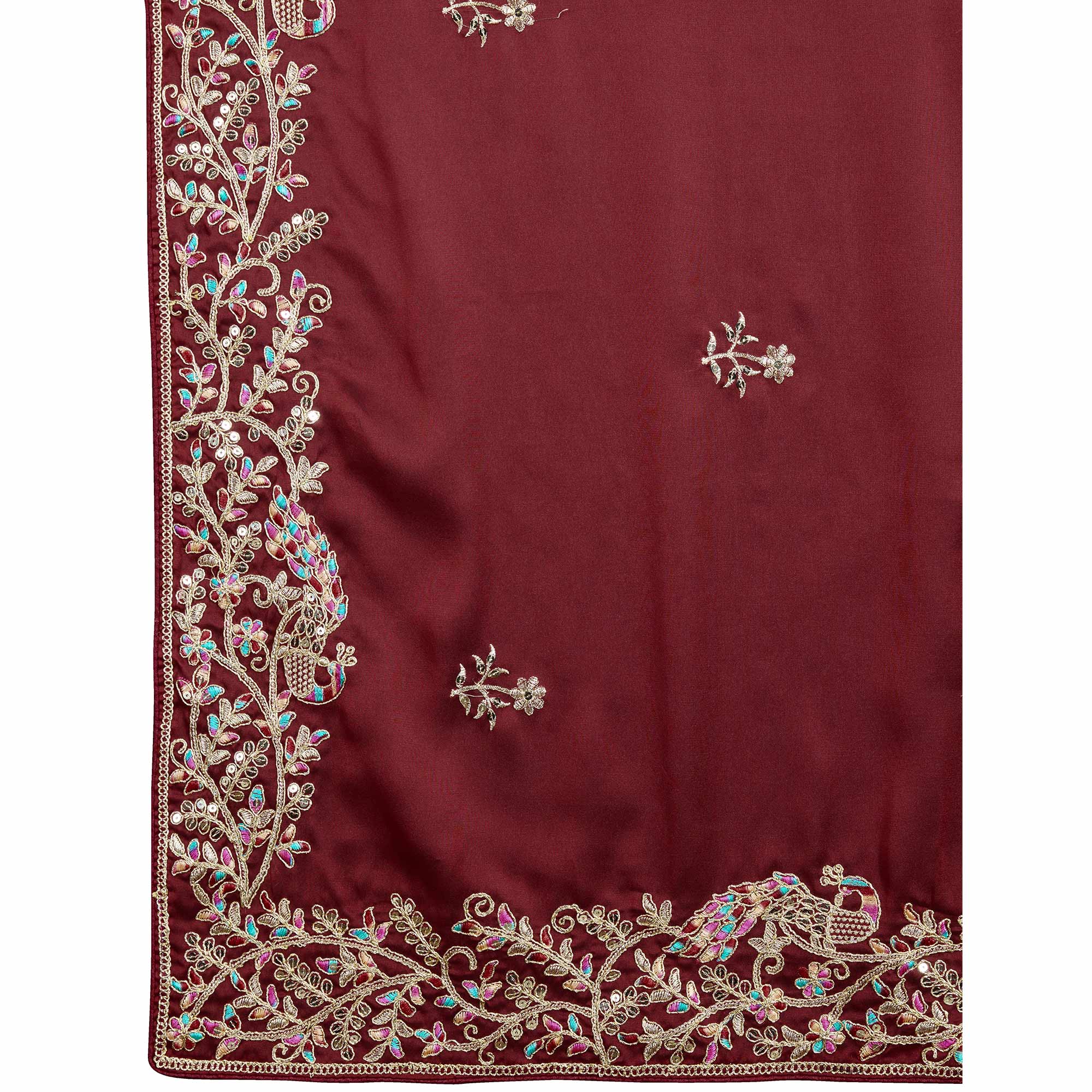 Maroon Floral Sequins Embroidered Vichitra Rangoli Silk Saree