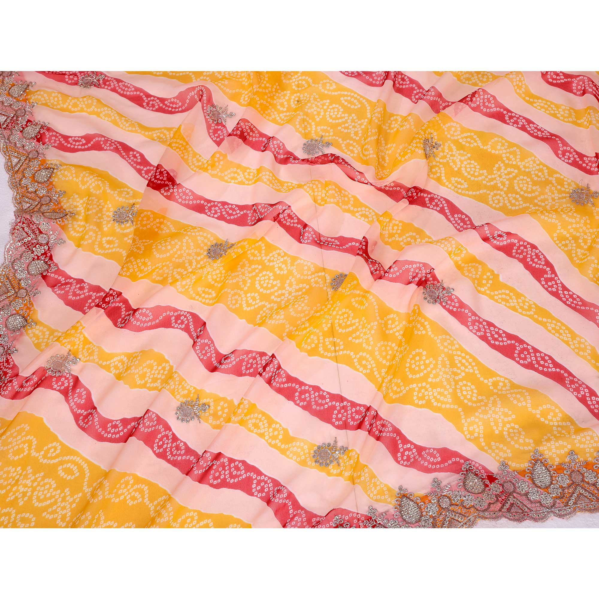 Yellow Georgette Saree Showcasing Bandhani Print & Delicate Floral Sequins Embroidery