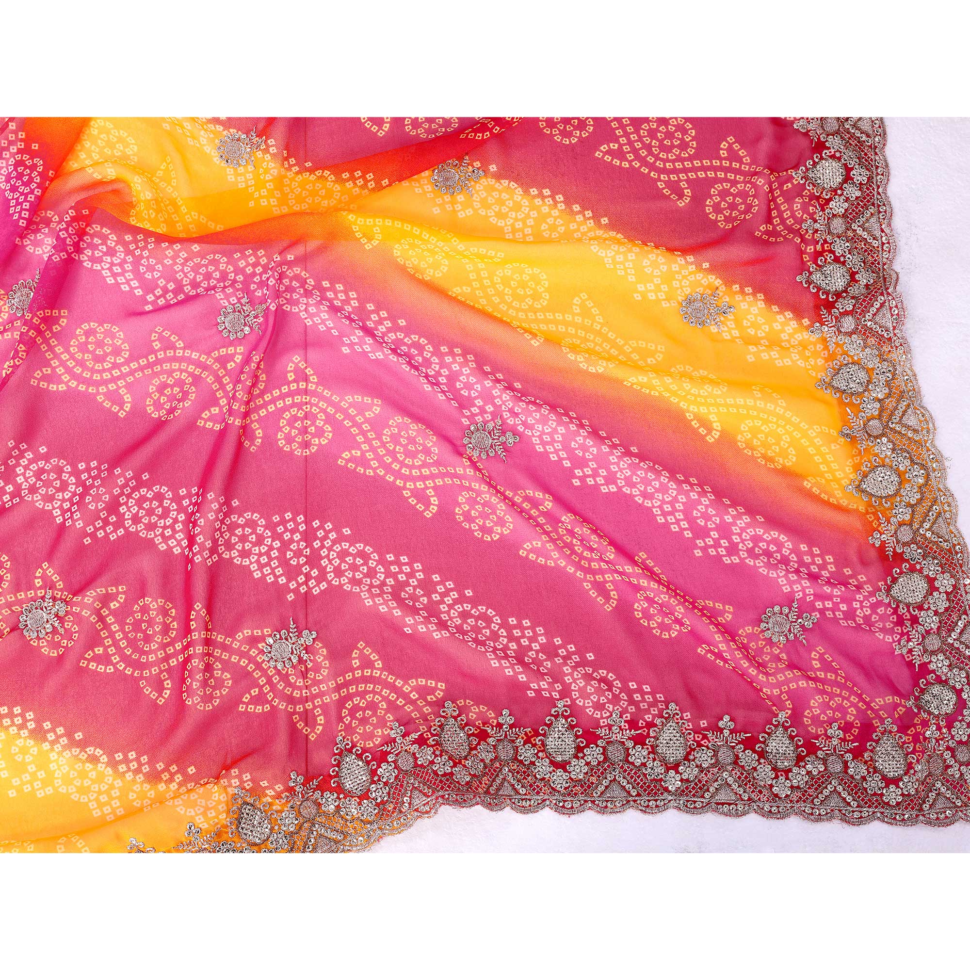 Pink Georgette Saree Showcasing Bandhani Print & Delicate Floral Sequins Embroidery