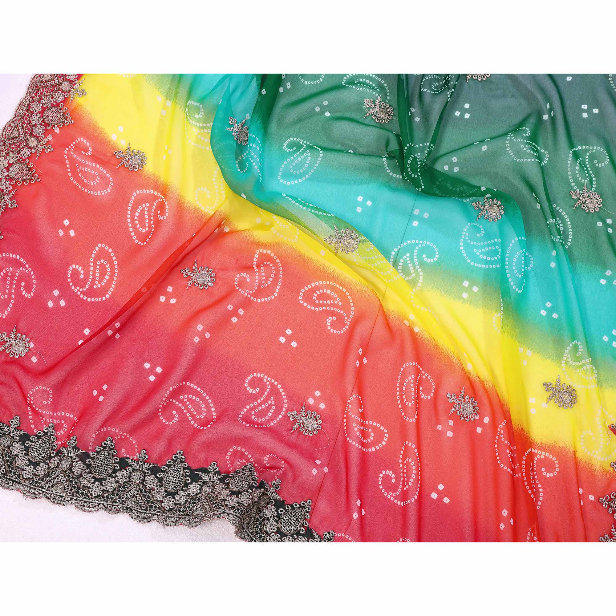 Multicolor Georgette Saree Showcasing Bandhani Print & Delicate Floral Sequins Embroidery