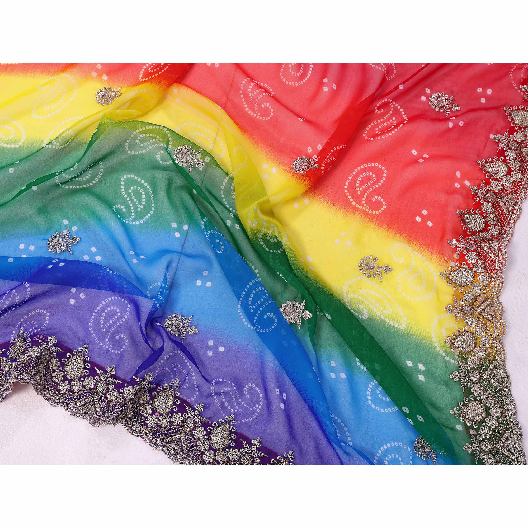 Multicolor Georgette Saree Showcasing Bandhani Print & Delicate Floral Sequins Embroidery