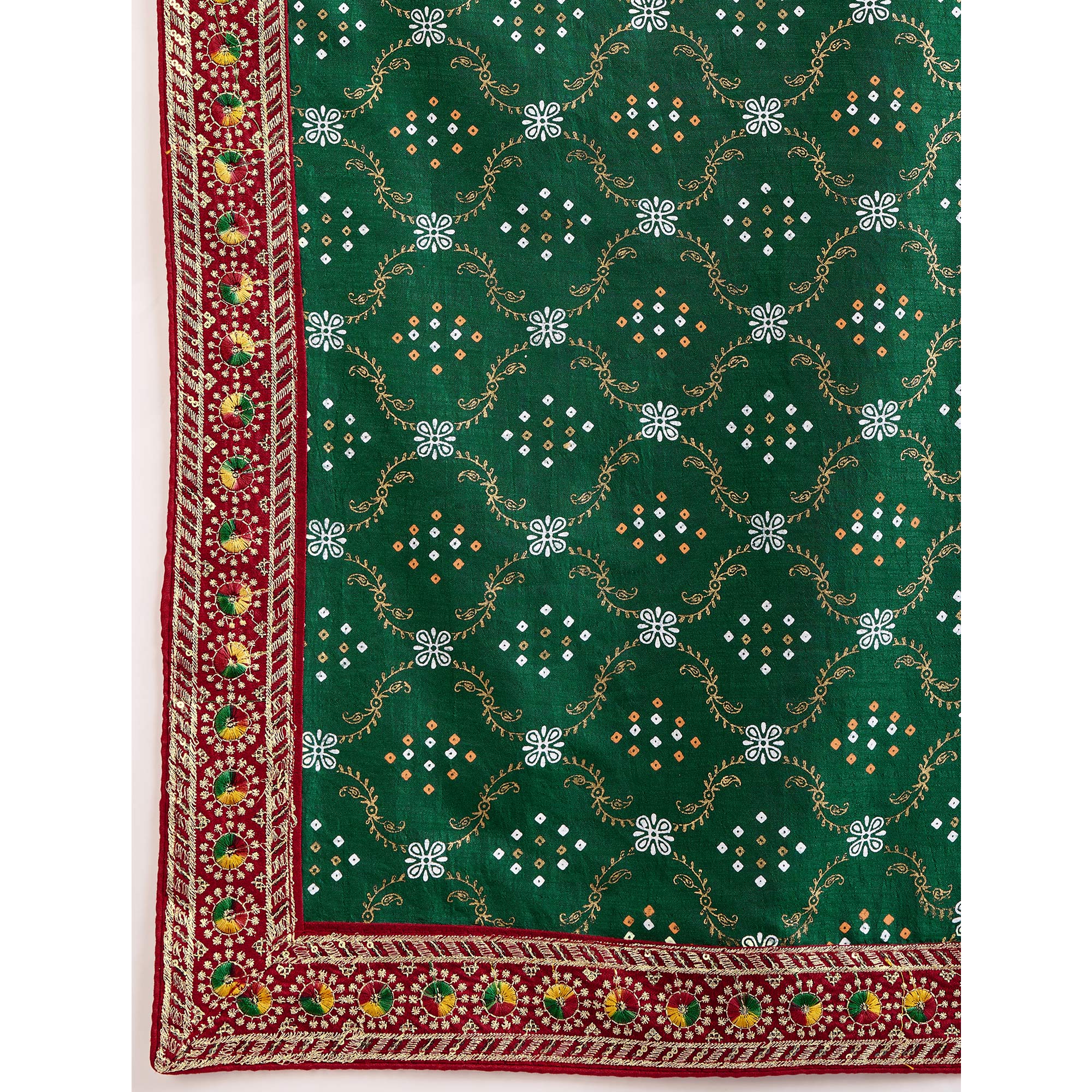 Bottle Green Bandhani Printed Vichitra Silk Saree With Embroidery Border