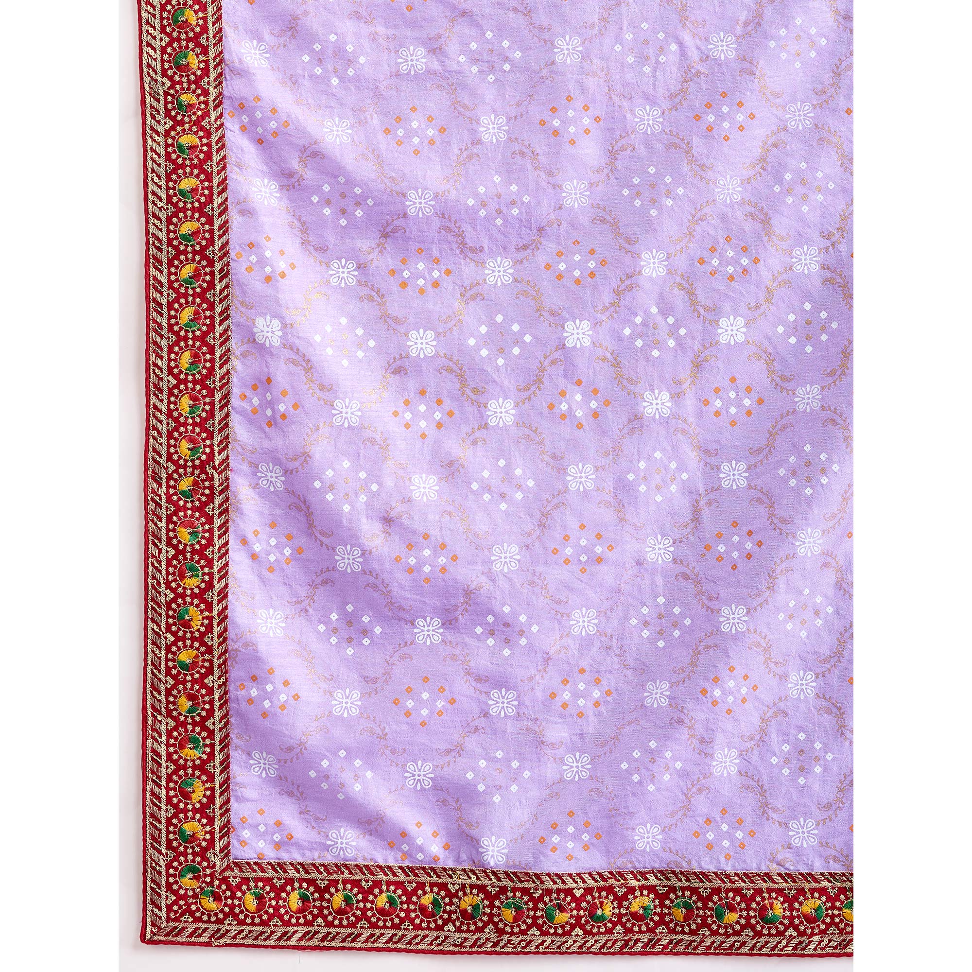 Lavender Bandhani Printed Vichitra Silk Saree With Embroidery Border