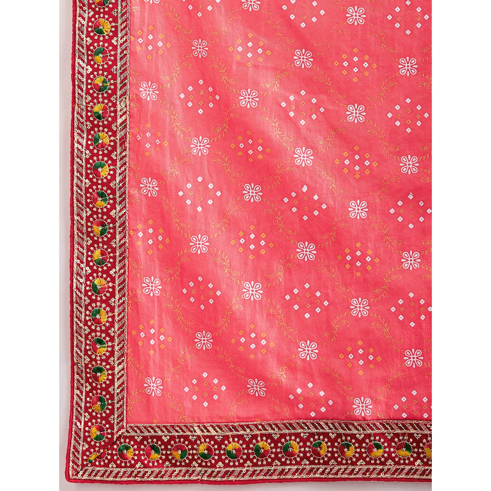 Gajari Pink Bandhani Printed Vichitra Silk Saree With Embroidery Border