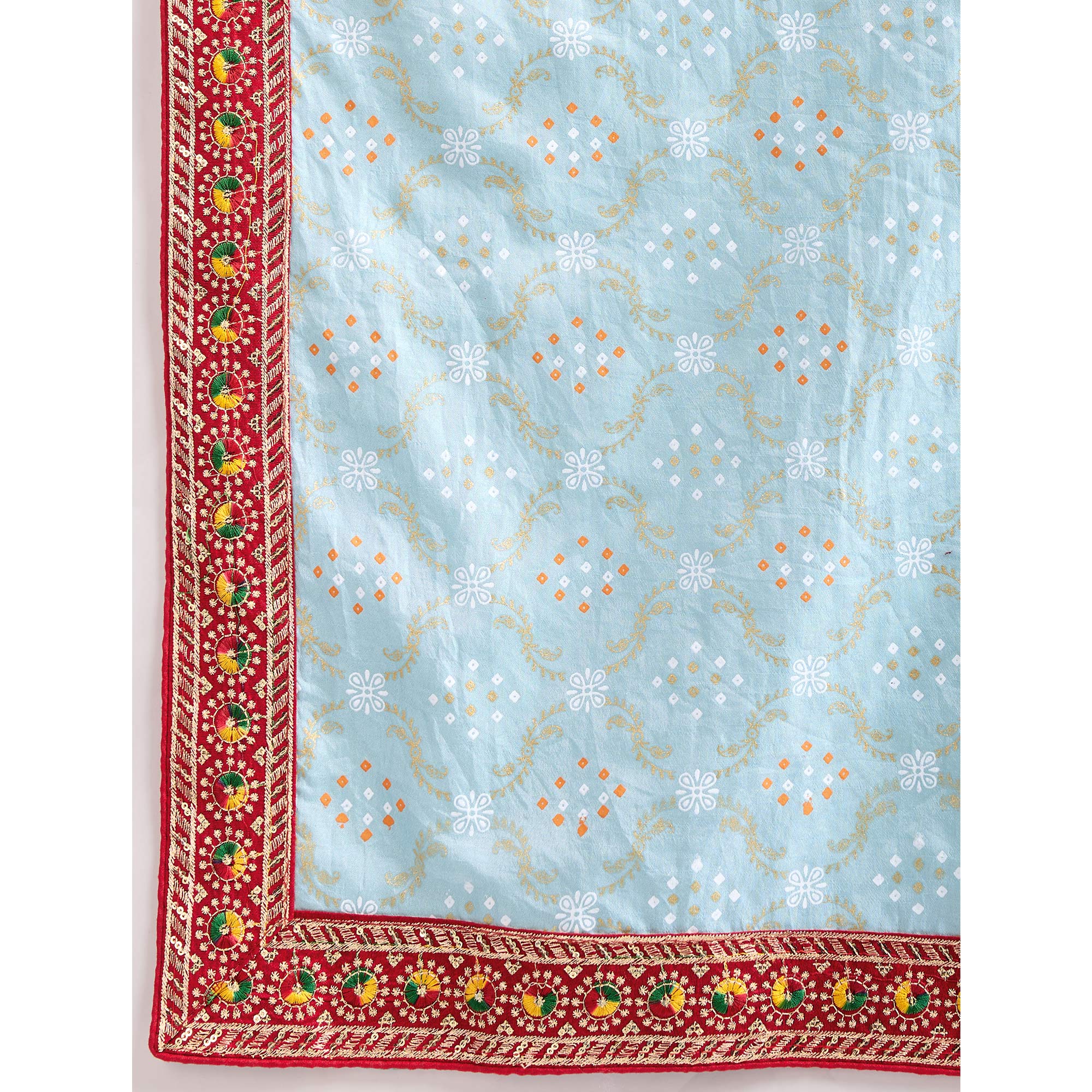 Light Blue Bandhani Printed Vichitra Silk Saree With Embroidery Border