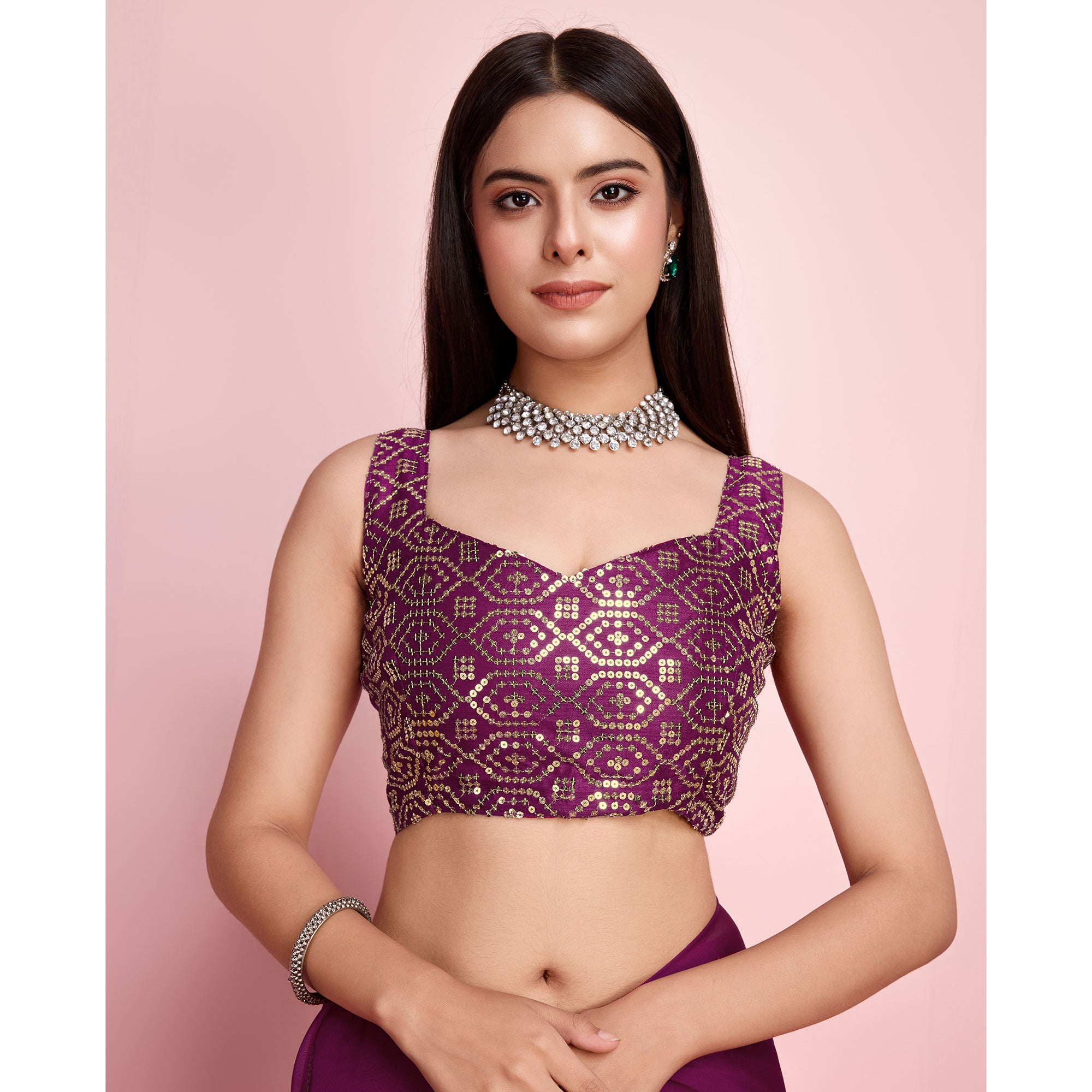 Purple Floral Sequins Embroidered Organza Saree