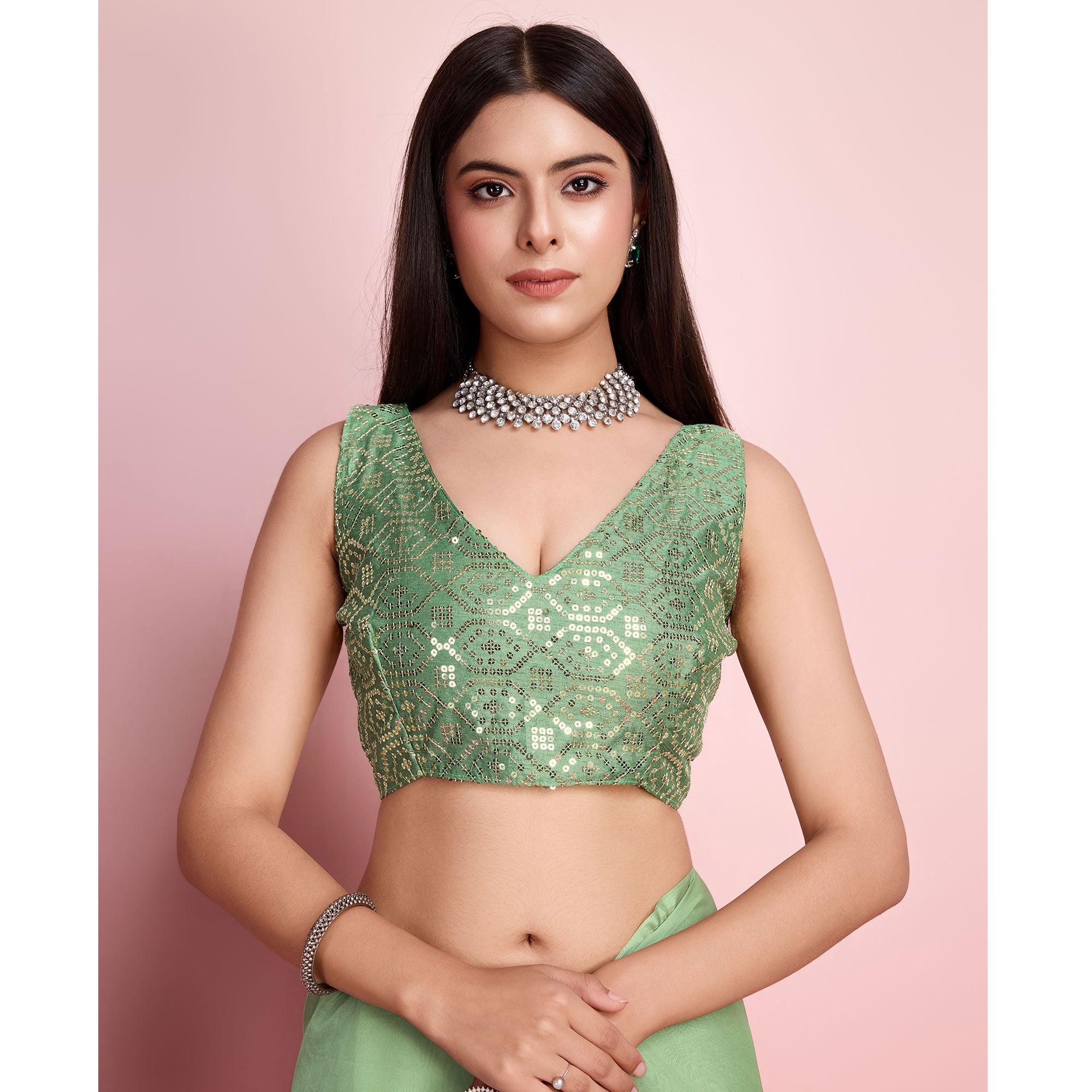 Green Floral Sequins Embroidered Organza Saree