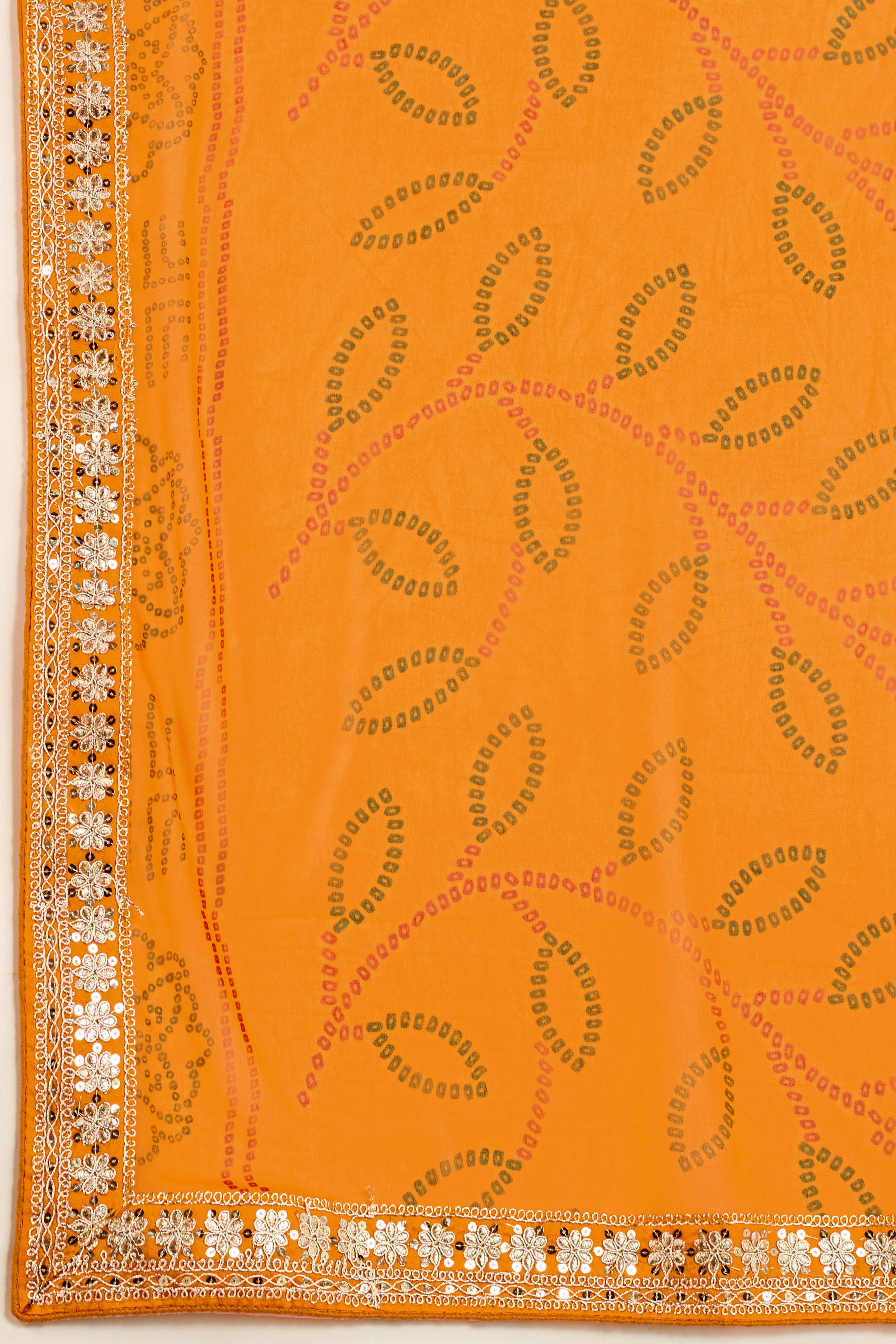 Mustard Bandhani Digital Printed Georgette Saree Enhanced With Cording Embroidered Border